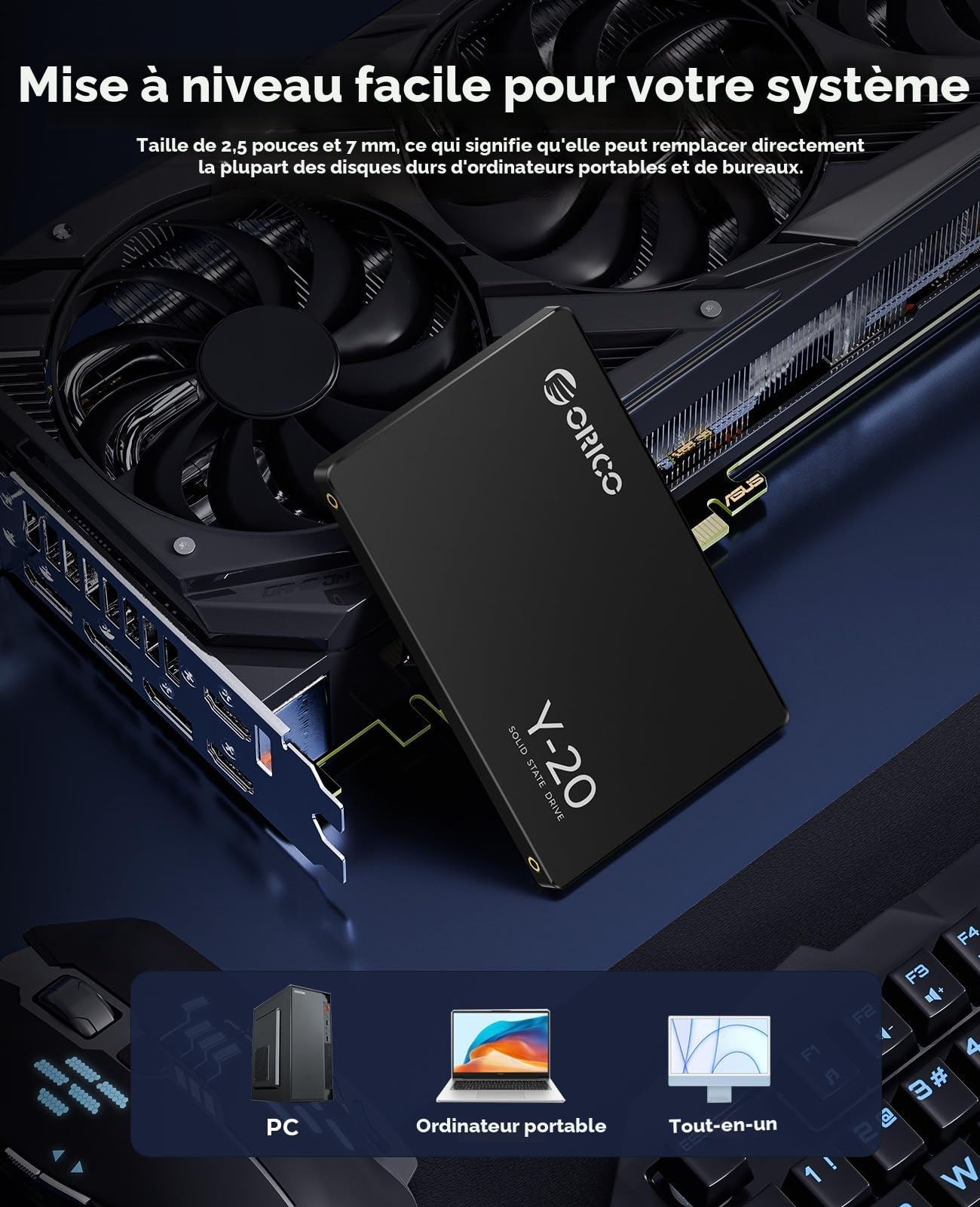 ORICO 128Go 2,5 Pouces SSD Interne SATA III 6Gb/s, 3D NAND Jusqu'à 500Mo/s Vitesse de Lecture, Compatible avec Les Ordinateurs Portables et Les PC de Bureau- Y20