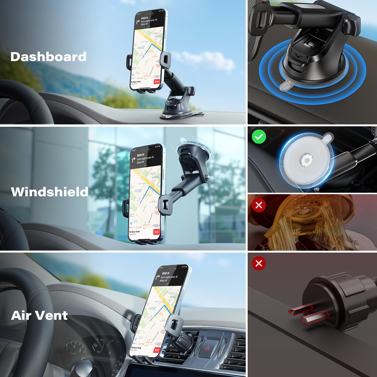 APPS2Car Samochodowy uchwyt na telefon, deska rozdzielcza, solidny uchwyt na przyssawkę, uniwersalny uchwyt 360° do kompatybilnego iPhone'a 12/11/11/Pro, Samsung S21 i innych (przyssawka +