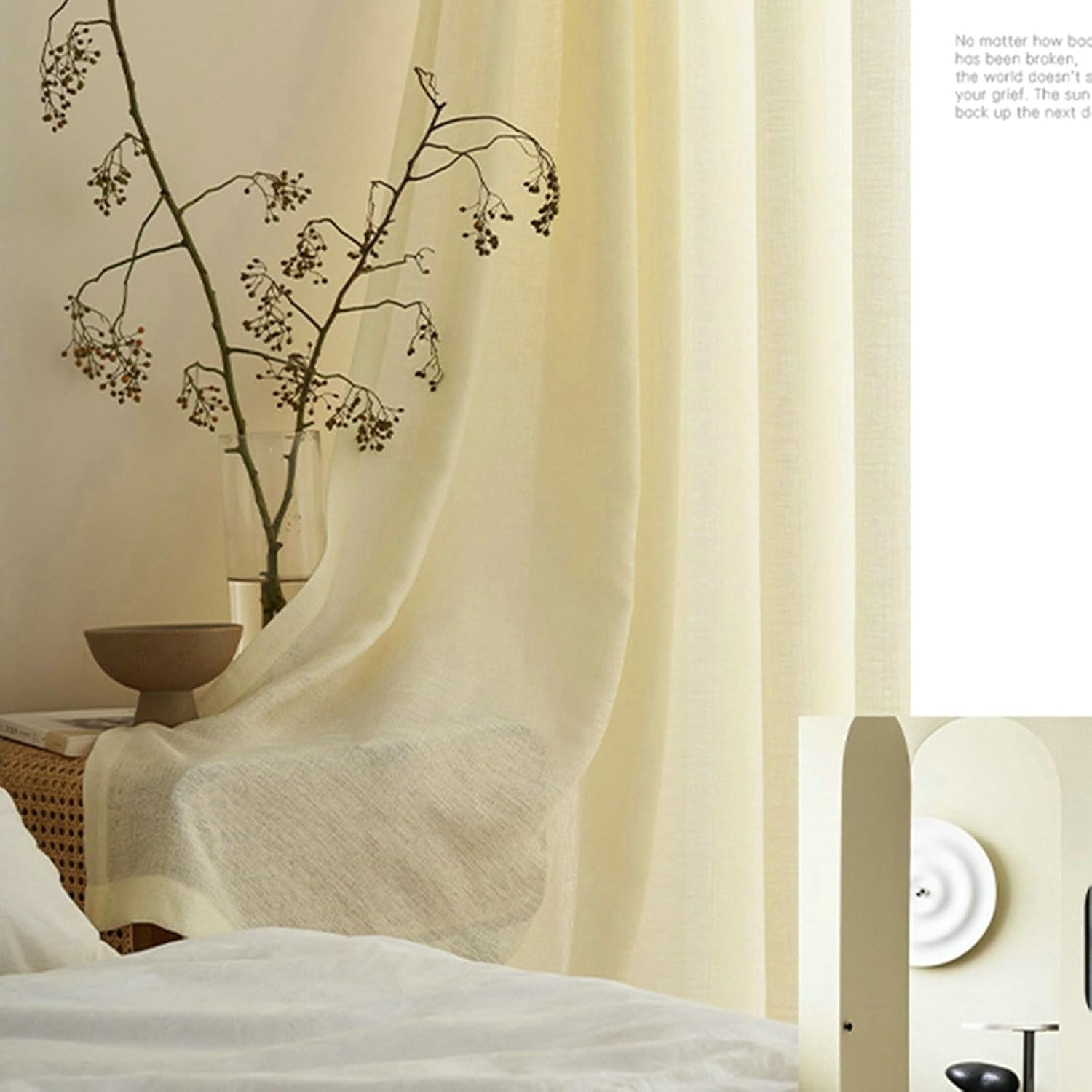 Daesar Transparent Curtains for Bedroom 2 Panels Set, Polyester Grommet Tulle Curtains 54" W x 84" H Drapes Solid Color Cotton Linen Texture Beige Yellow Voile Curtains for Living Room