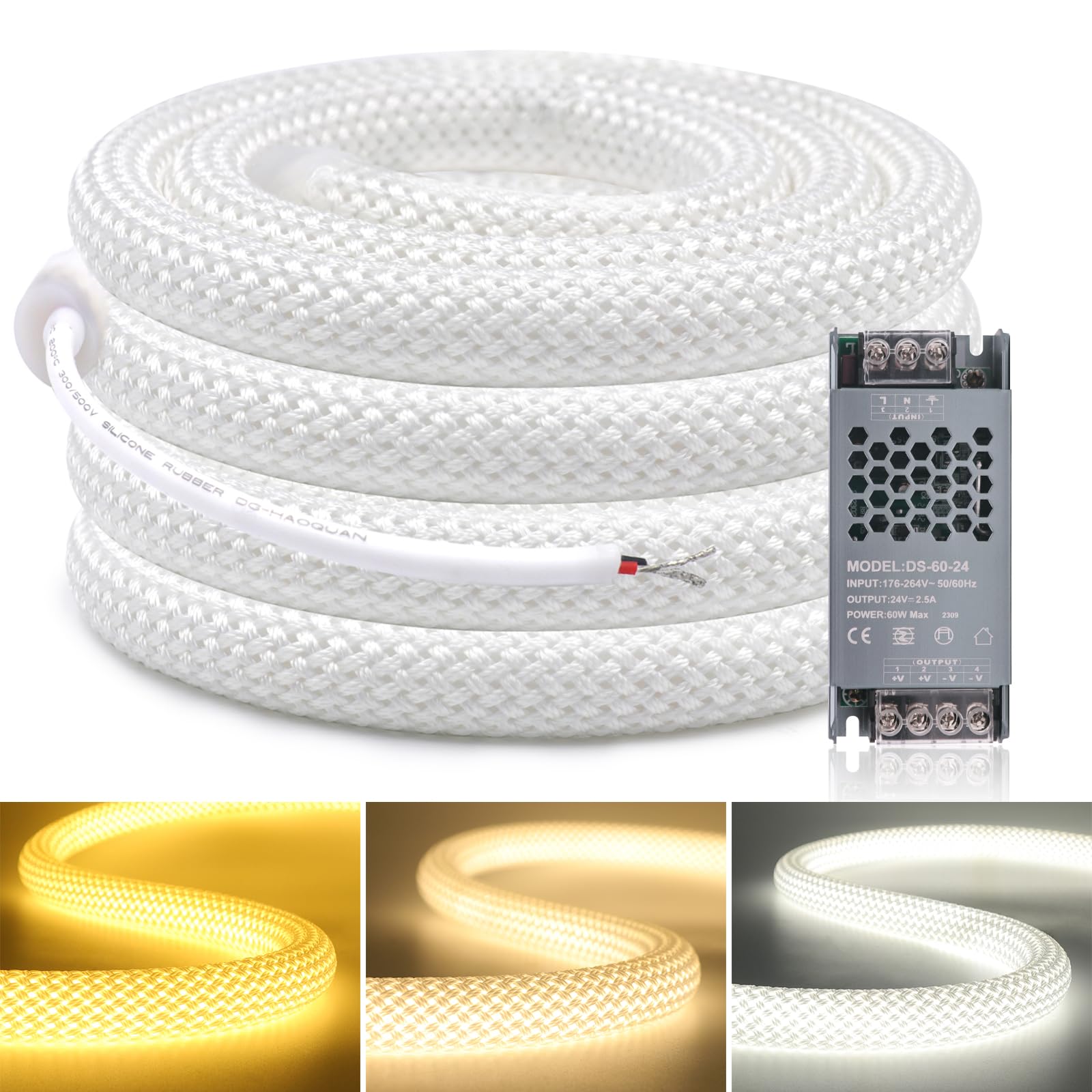 KISUFU 24V Neon Rope Strip, 2835 360 degrees Circular mesh IP67 Waterproof Flexible Neon LED Strip with 24V 60W iron shell power supply AC176-264V for DIY Home Bedroom Indoor Outdoor Decoration.
