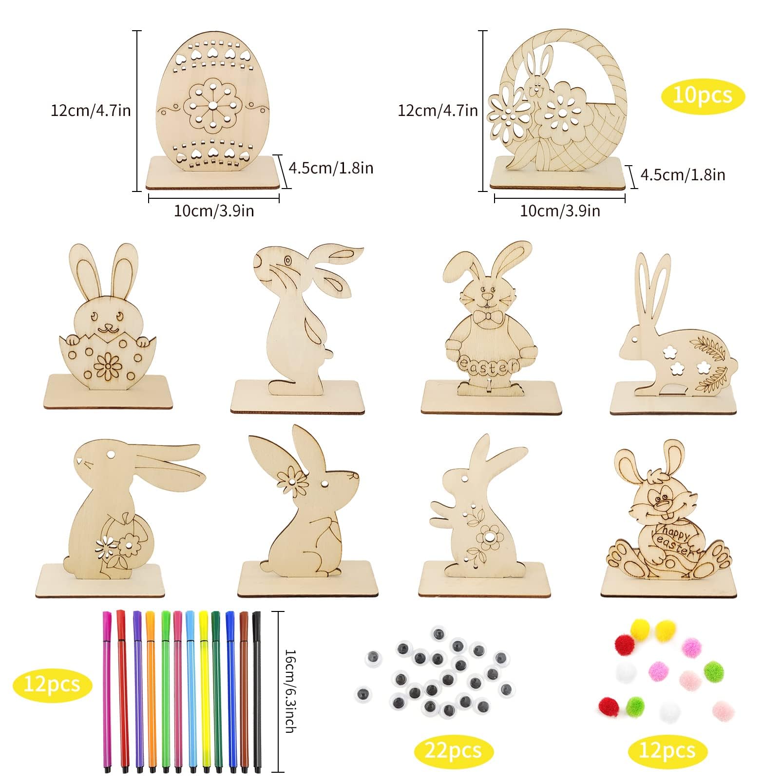 JSHENG 396 ciondoli in legno per Pasqua, per dipingere, fai da te, Pasqua, fai da te, per bambini, Pasqua, fai da te, con ciondolo in legno, penna ad acquerello, strass, occhio, corda