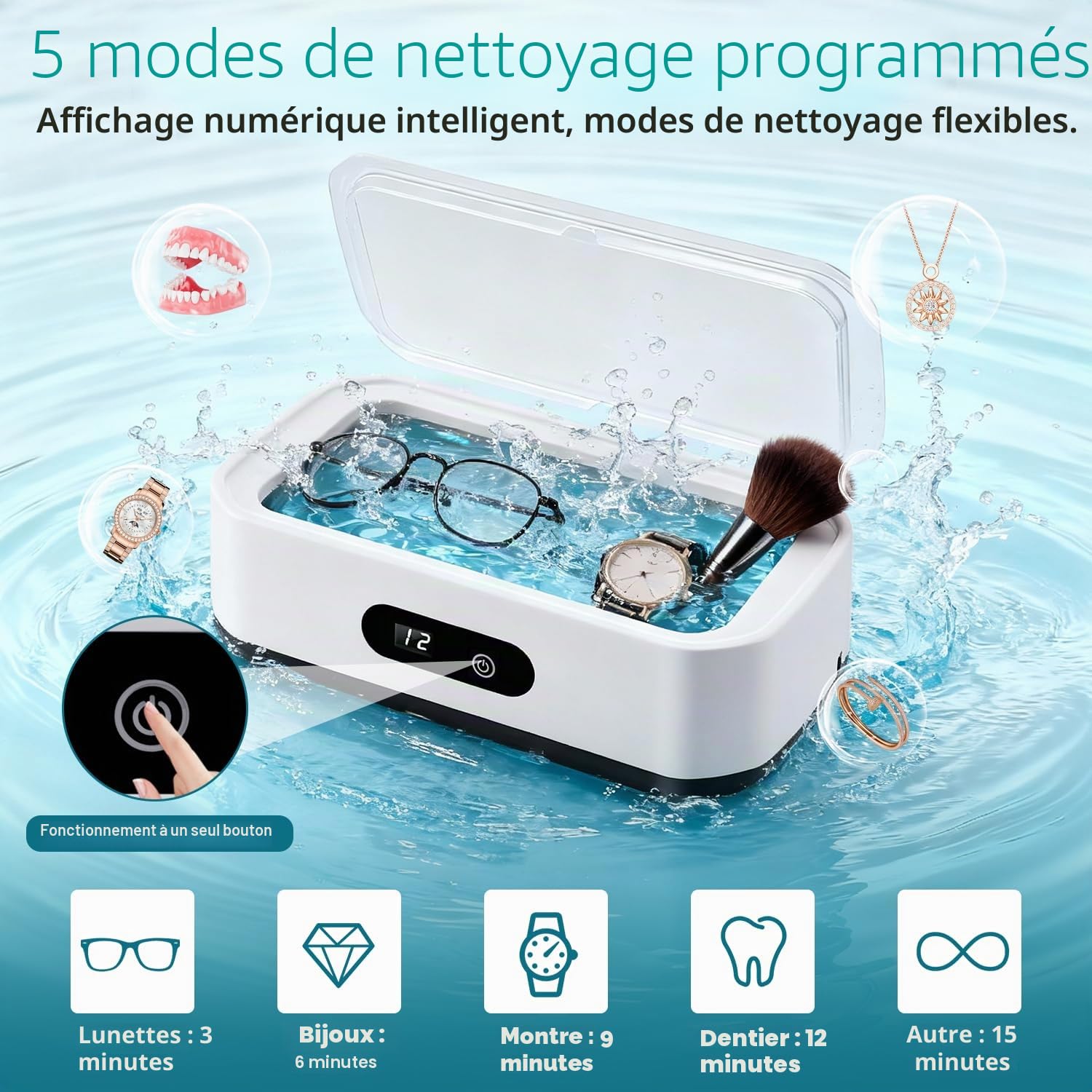 Nettoyeur Ultrasons Lunettes 650ML, 48KHz Nettoyeur Bijoux à Ultrason, Ultrasonic Cleaner avec 5 Minuteries Numériques, pour Bijoux, Dentier, Montres, Lunettes, Tête de Rasoir