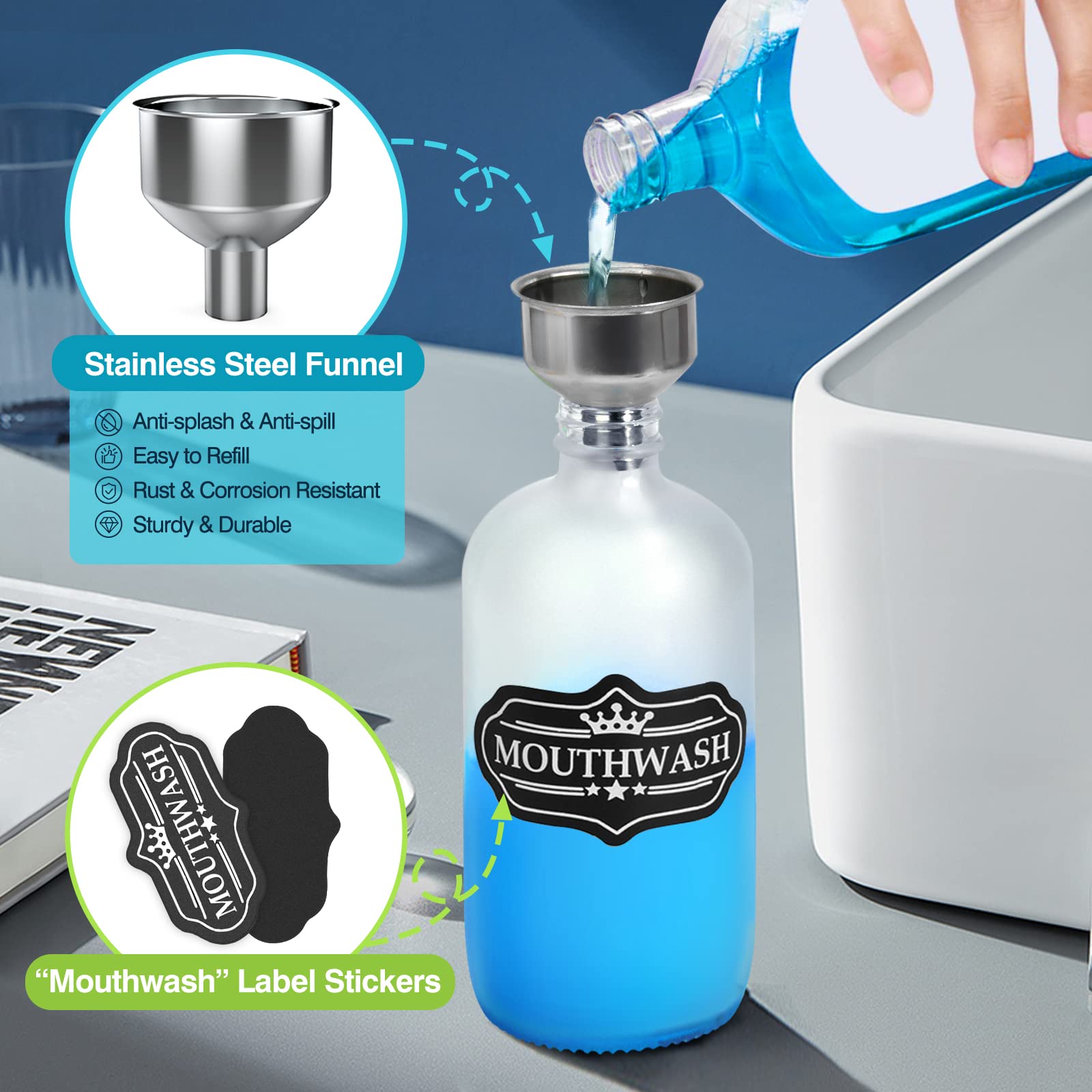 Altfun Dispenser per collutorio per bagno, contenitore per collutorio in vetro con supporto Qtip, bottiglia di vetro da 334,5 g, dispenser ricaricabile per collutorio con vassoio, tazze e imbuto