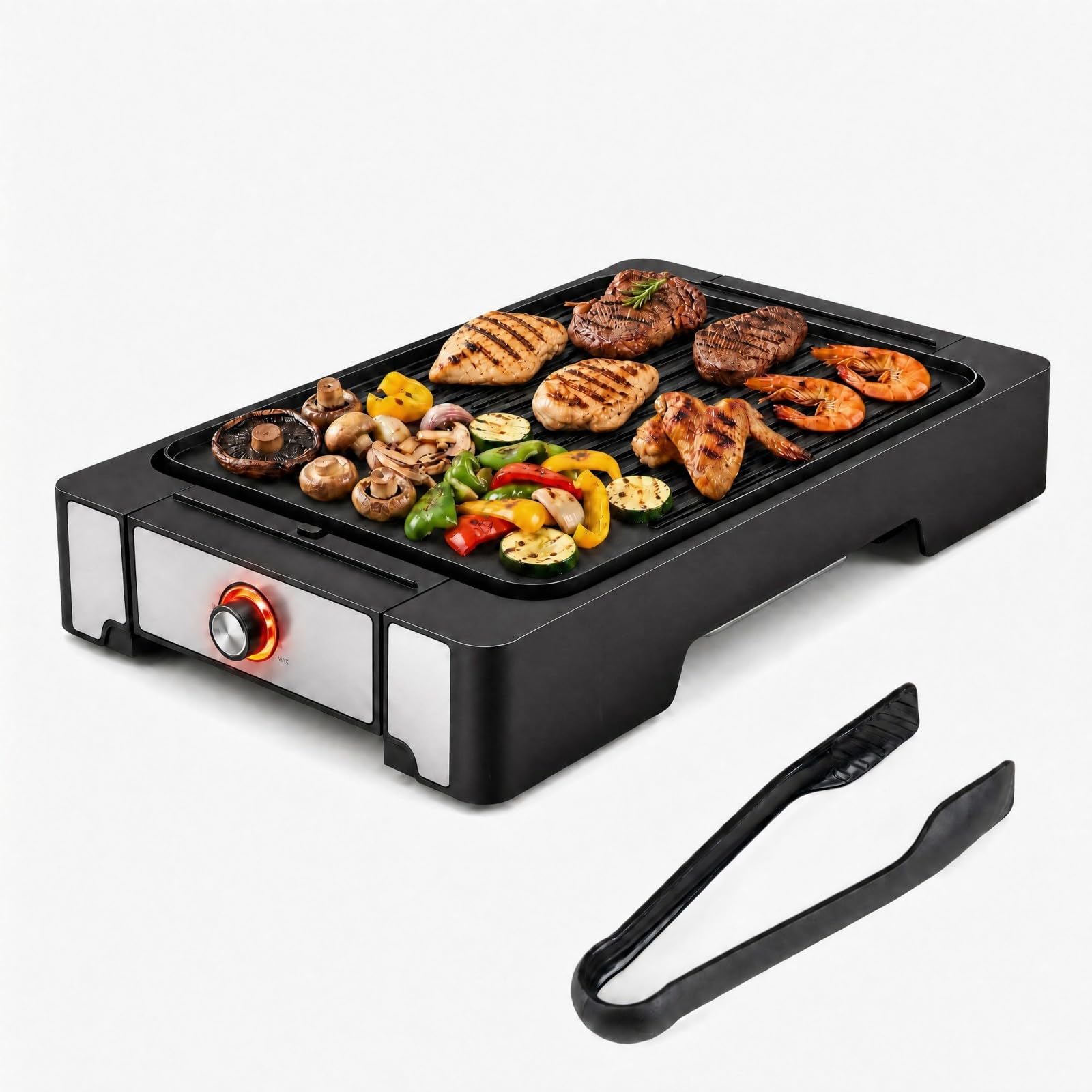 LIFEZEAL Griglia Elettrica 2300W, 2 Superfici di Cottura | Piastra Grill da Tavolo con Rivestimento Antiaderente, Pinza e Vassoio Raccogli-grasso Rimovibile, per Picnic e BBQ