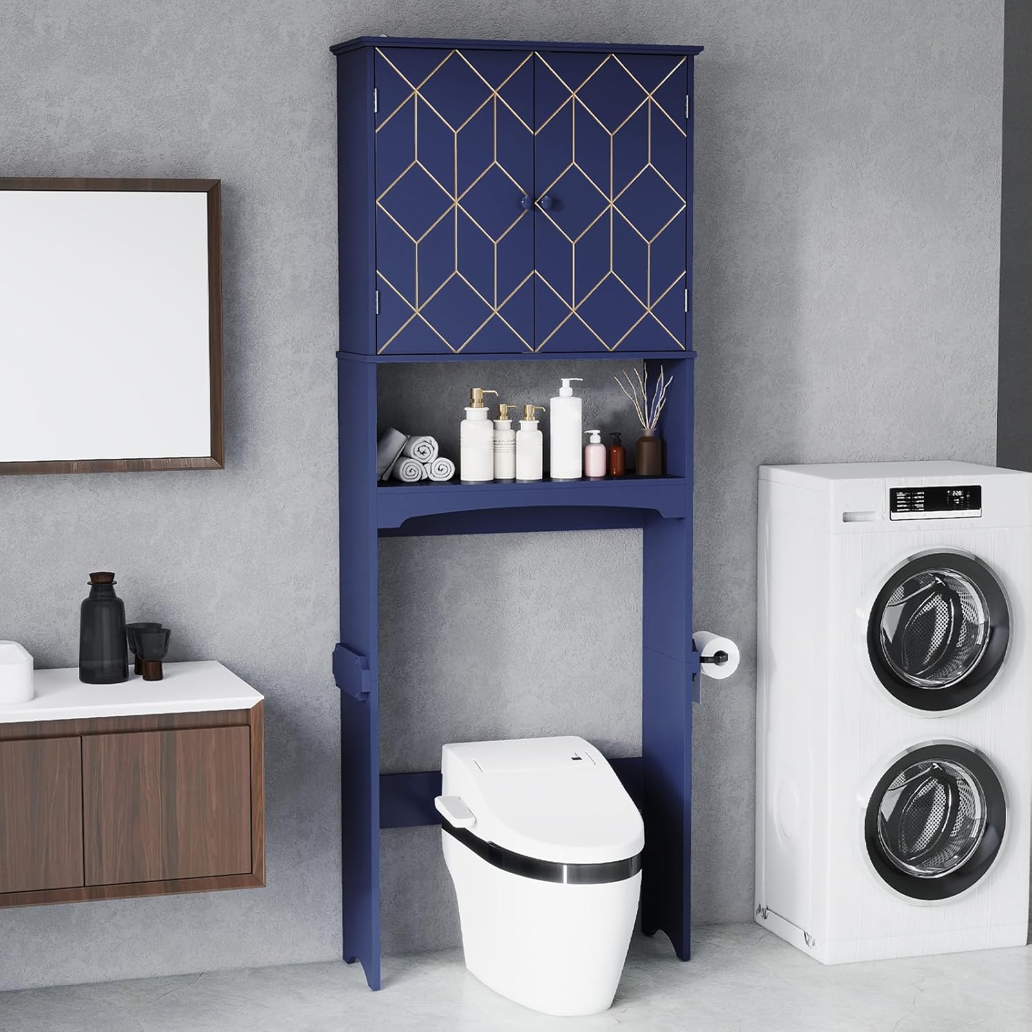 HLR Over The Toilet Storage Cabinet with Gold Trim, Over Toilet Bathroom Organizer with Adjustable Shelves and Toilet Paper Holder, Above Toilet Storage Cabinet Spacesaver for Bathroom (Blue)
