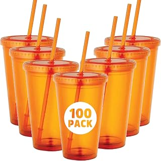100 Pcs Bulk Blank Tumblers with Lids and Straw- 16 Oz. Double-Walled Polypropelene BPA Free For Snowglobe Tumbler (100, Orange)