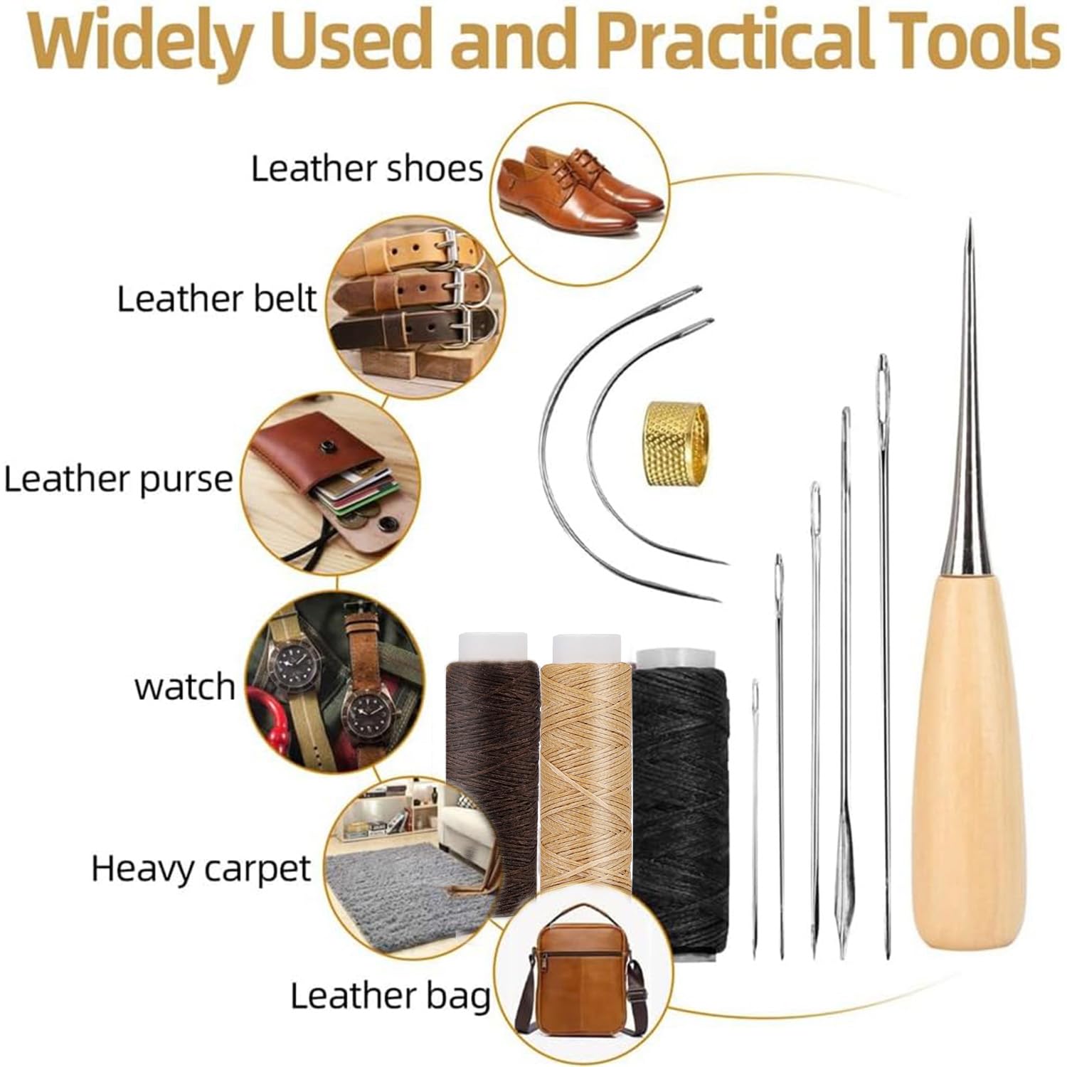 Kit Cucito Pelle - 3 Rotoli Filo Cera, Aghi, Punteruolo, Ditale, Per Riparazioni Scarpe, Divani - Foto 3