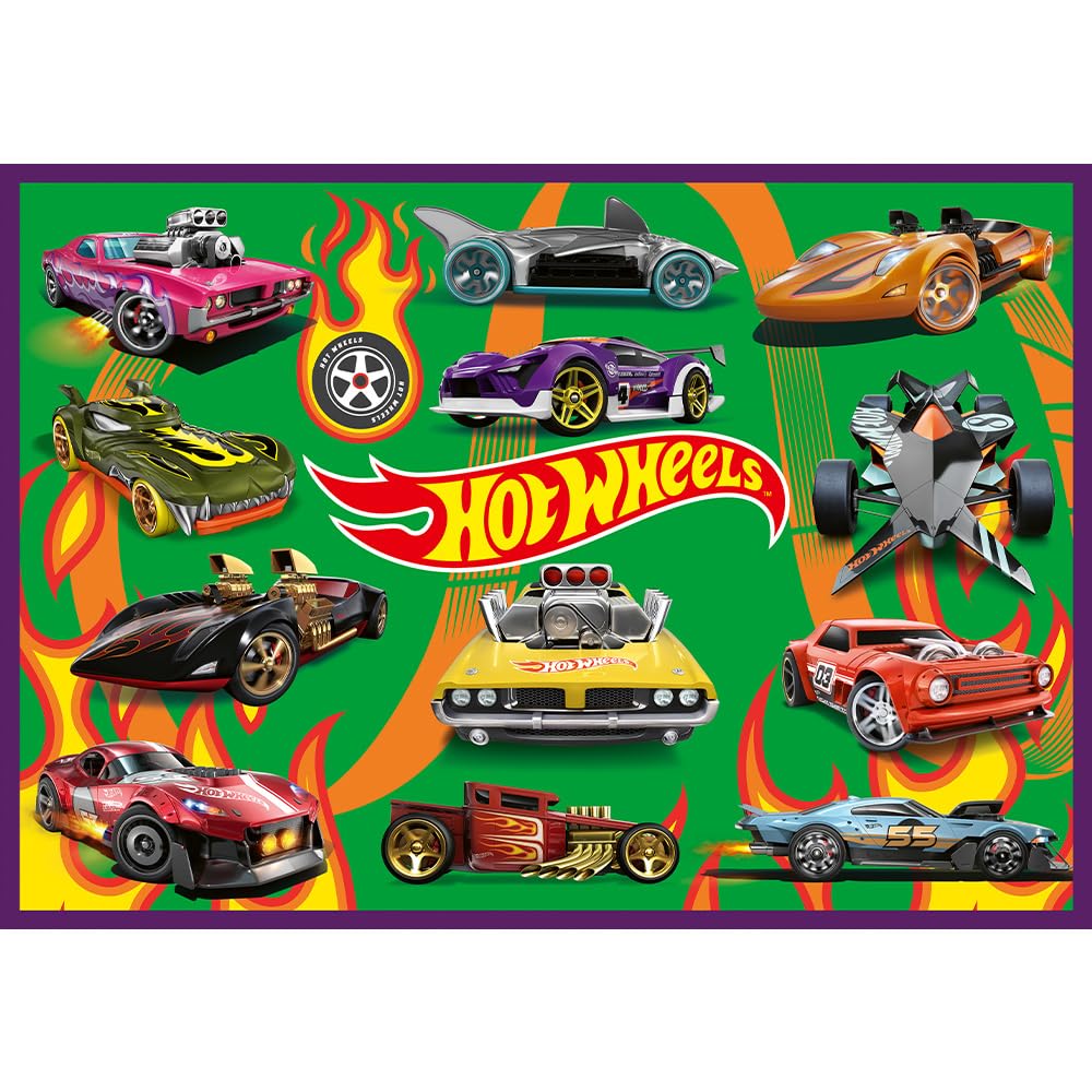 Trefl - Puzzle 4w1: Hot Wheels, Wyścigowe Auta - 4 x 250 Elementów - Zestaw Czterech Układanek dla Nastolatków