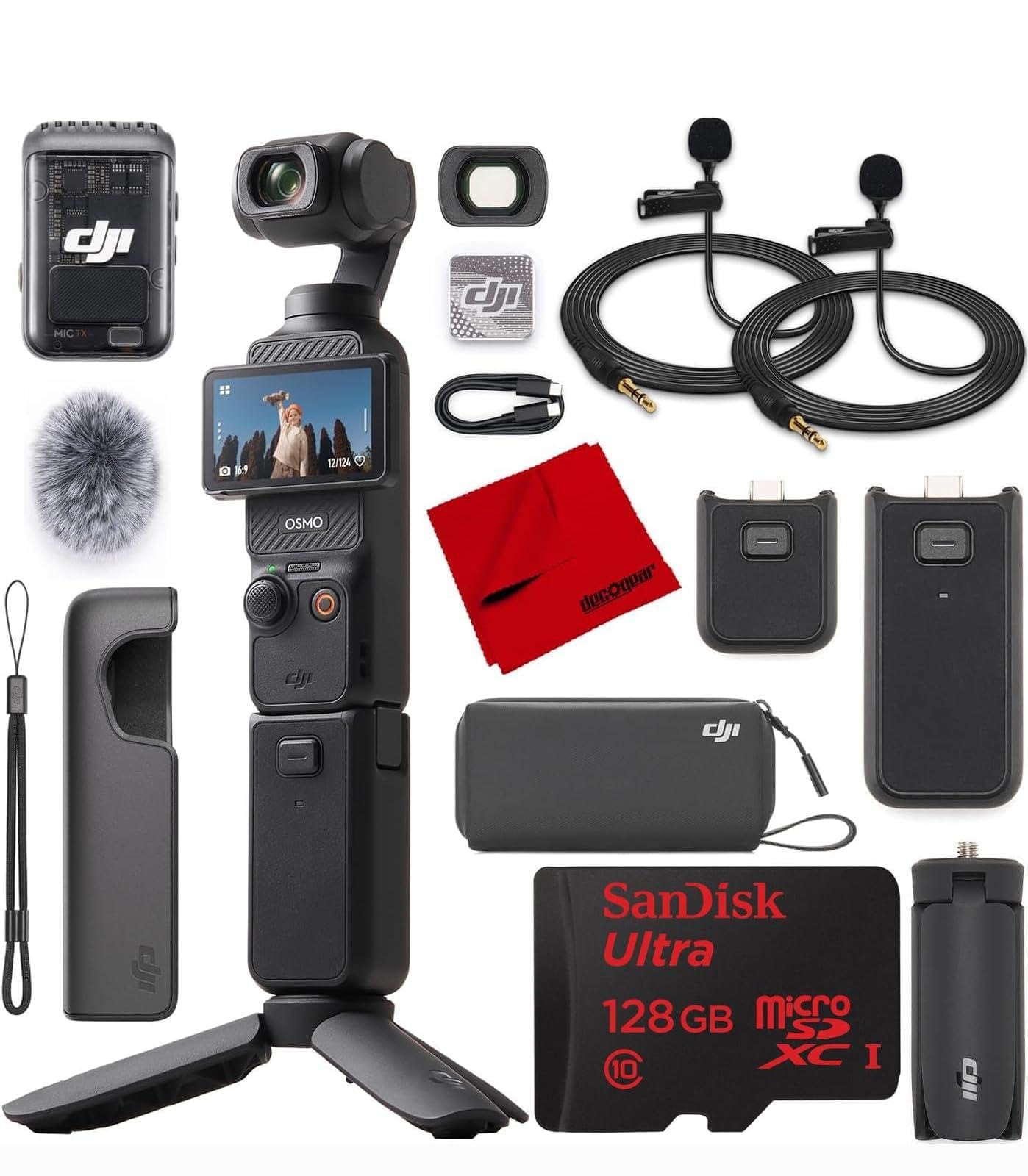DJI Osmo Pocket 3 Creator Combo Vlogging Camera with Mic 2, 1'' CMOS, 4K/120fps Video, 3-Axis Stabilization, Face/Object Tracking, Fast Focus Bundle with Deco Gear 2 Lapel Microphones + 128GB Card