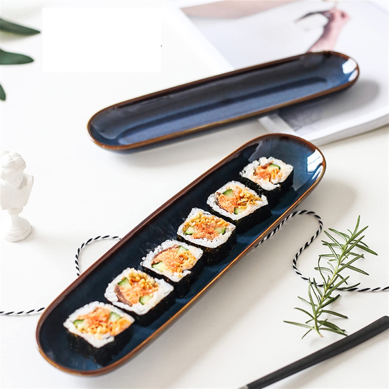 Platos Llanos Platos rectangulares de cerámica for sushi, plato de cocina de porcelana ovalada japonesa, plato largo grande de 15,7 pulgadas, apto for microondas/lavavajillas Platos postre(A)