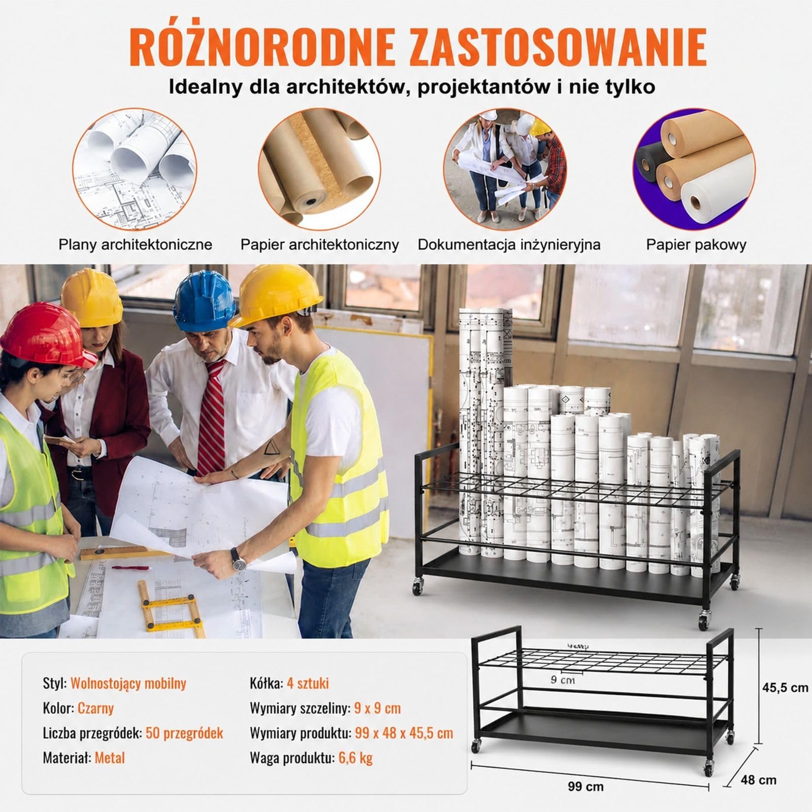 Metalowy stojak na plany z 50 przegródkami i kółkami, czarny mobilny uchwyt na mapy, plakaty i dokumenty do domu, biura i szkoły