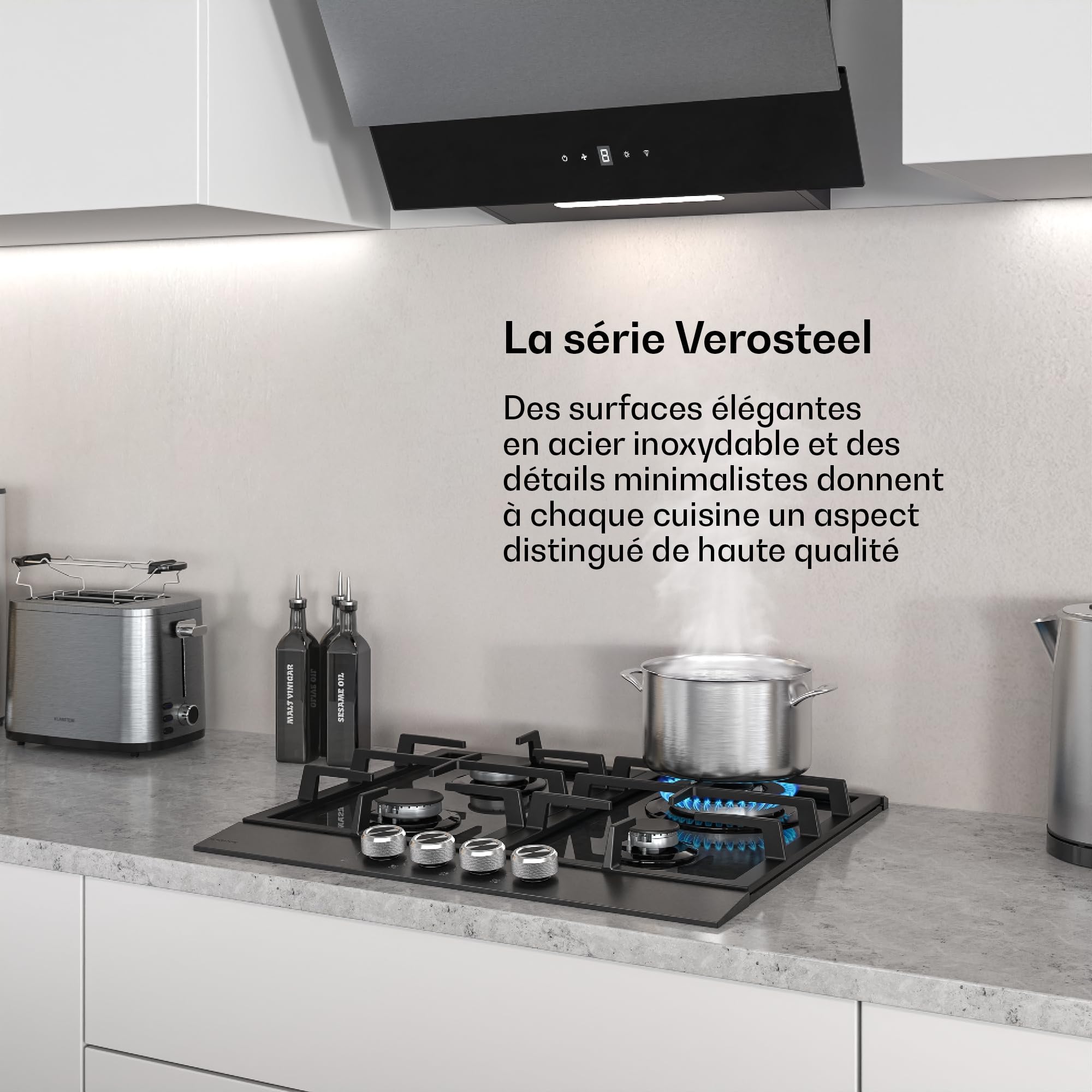 Klarstein Verosteel Plaque de Cuisson Gaz 60cm - 4 Brûleurs 8000W, Verre & Inox, Allumage Électrique, Sécurité Anti-Flamme, GPL & Gaz Naturel, Kit Inclus, Acier inoxydable noir