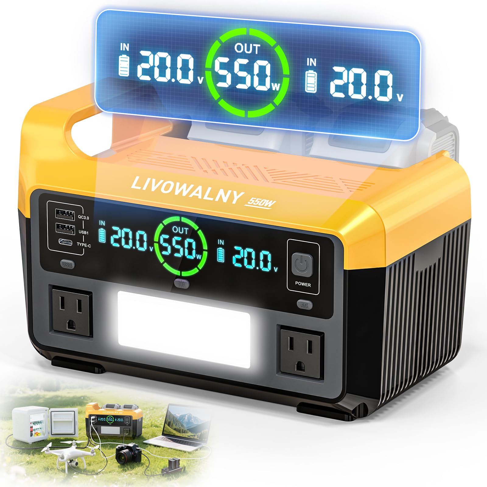 550W Power Station Compatible with Dewalt LIVOWALNY Portable Generator DC 20V to AC 110-120V Pure Sine Wave Power