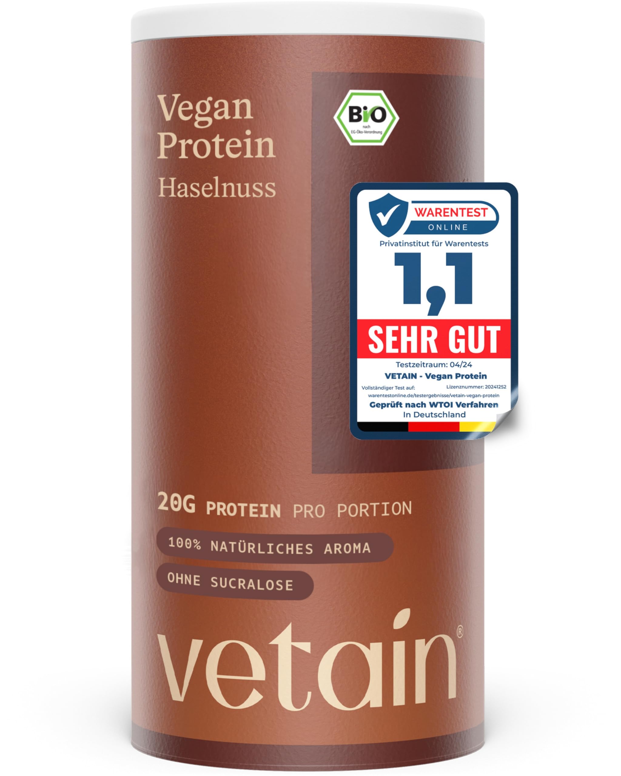 VETAIN Poudre de protéines végétaliennes en noisette – 20 g de protéines, 100 % bio et fermentée | Poudre de protéines en 4 composants - 67 % de protéines - Sans édulcorants artificiels - Profil d'acide aminé complet - 540 g