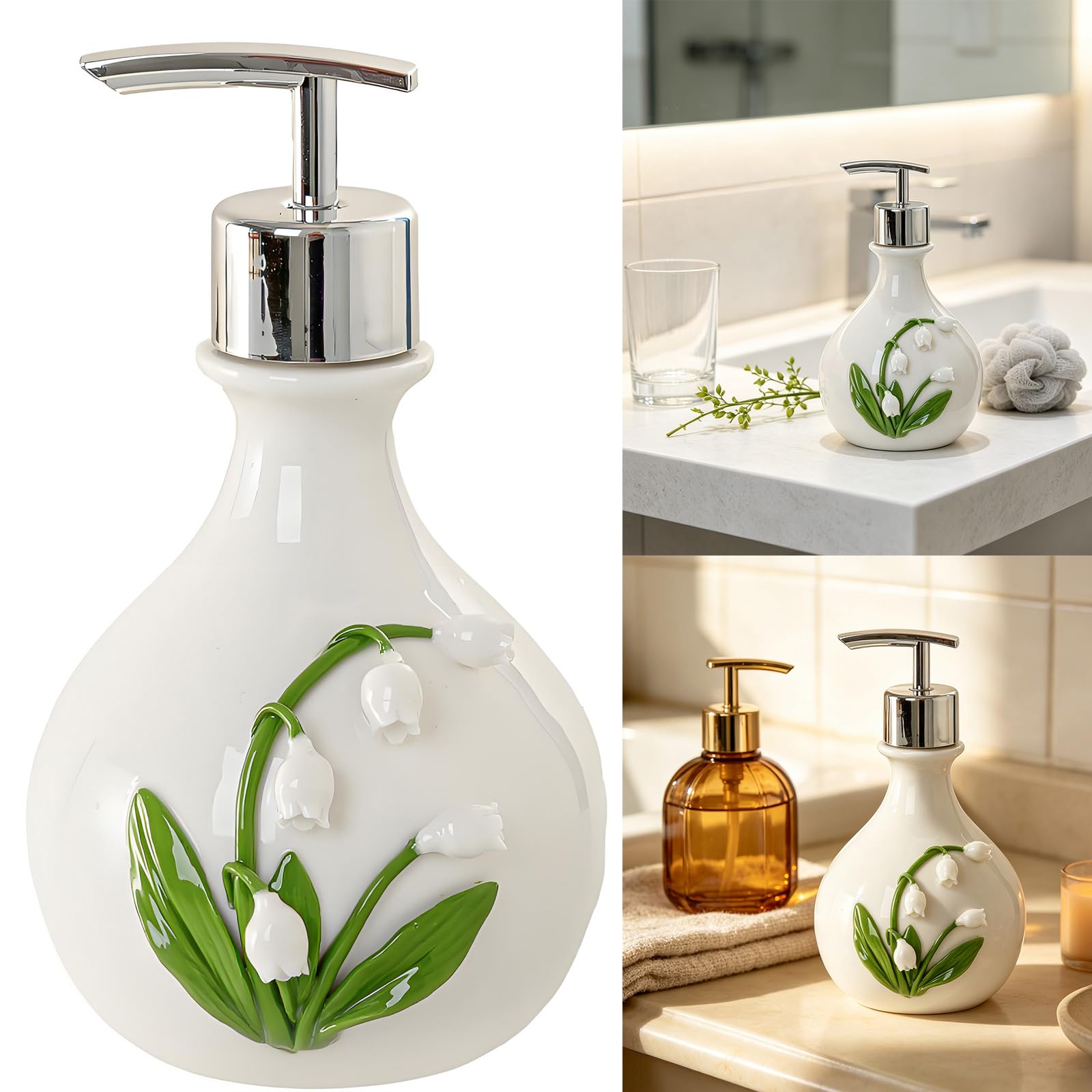 Dispensador de jabón de cerámica con Relieve Floral, Botella de de loción de baño, decoración de mostrador de Flores de Valle para Lavabo, baño de Invitados, dispensador de jabón de de
