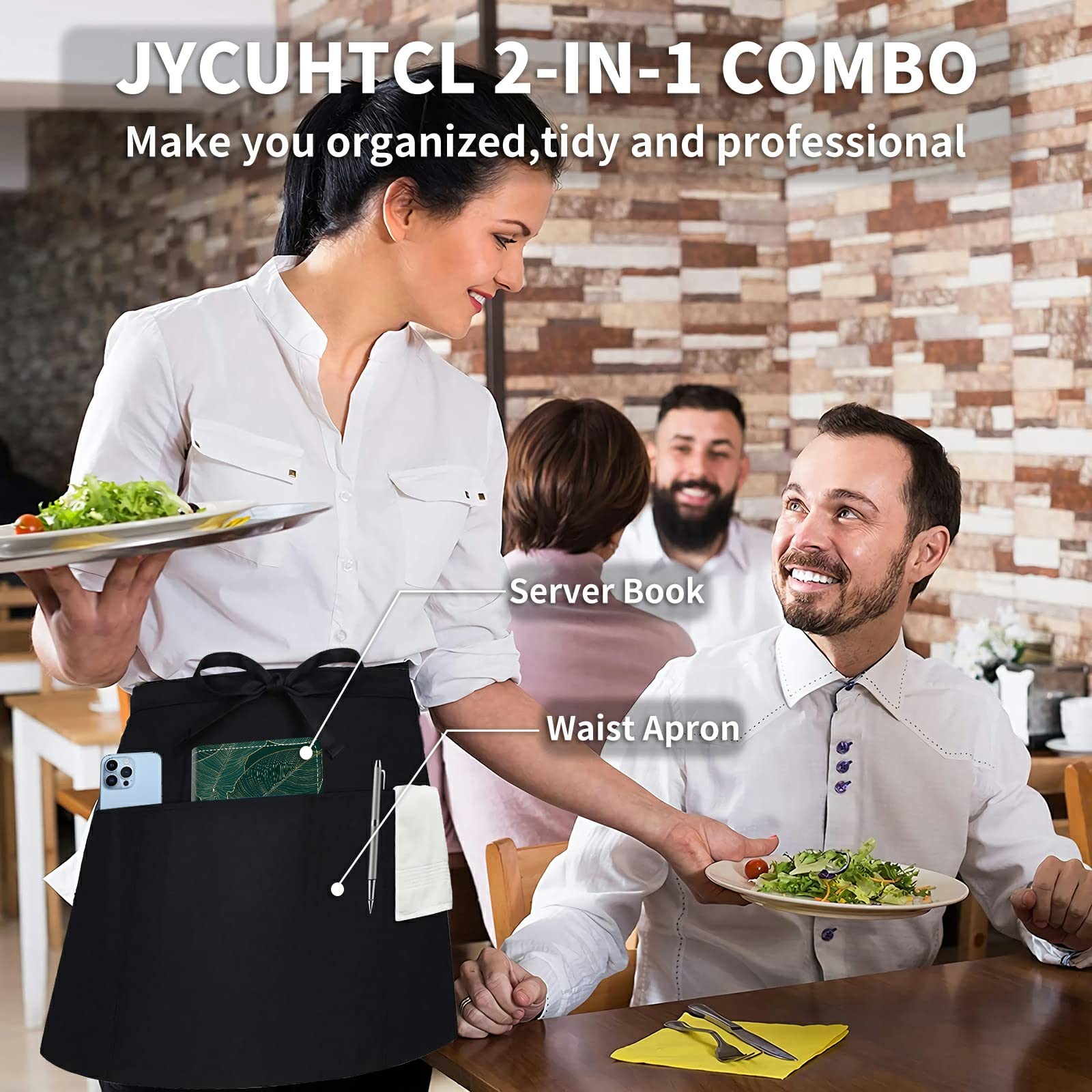 JYCUHTCL Server Aprons+Server Book Bundle, Waitress Apron with 3 Pockets Waitress Book-3D Tropical Leave