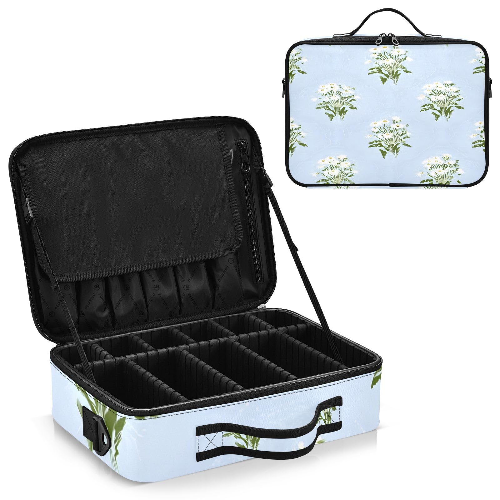 zyrtty Travel Makeup Train Case Little Daisy Pattern White Cosmetic Organizer Portable Storage Bag with Adjustable Dividers for Cosmetics Brushes Toiletry Jewelry Digital Accessories