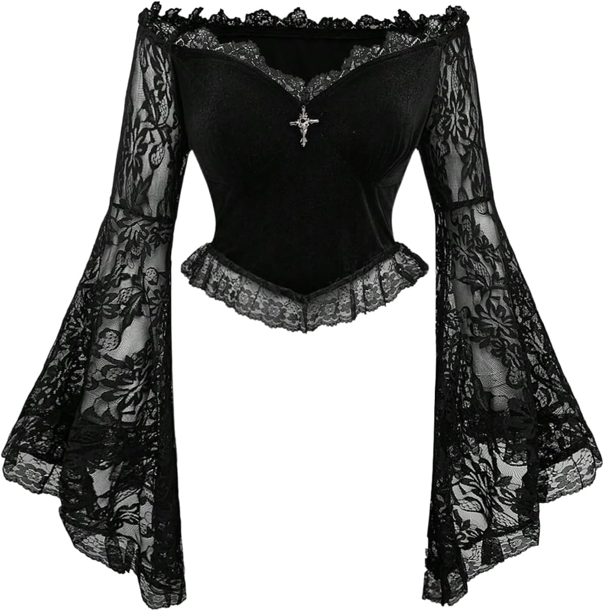 Women's Gothic Off Shoulder Tops Lace Long Bell Sleeve Cross Metal Asymmetrical Blouse Goth Crop Tee Top