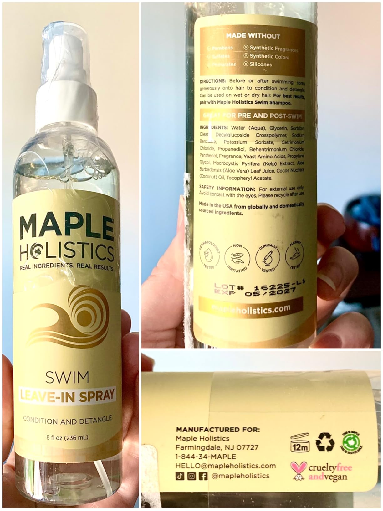 Maple Holistics Swim Leave in Conditioner for Kids & Adults - Before & After Swim Hair Spray Helps Prevent Dryness Tangles Greening Color Fading & Frizz - Vegan Saltwater and Chlorine Hair Treatment (8 Fl Oz)