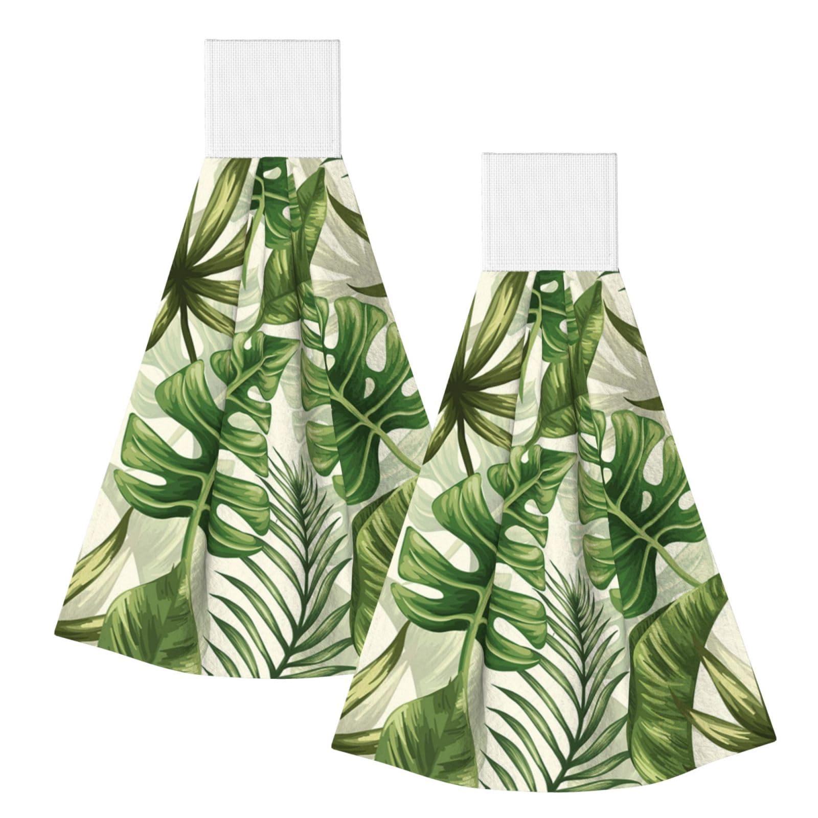 DOPKLNA Tropical Leaves Summer Green, 2 Pcs Hanging Coral Fiber Hand Towels for Bathroom, Absorbent Kitchen Towels