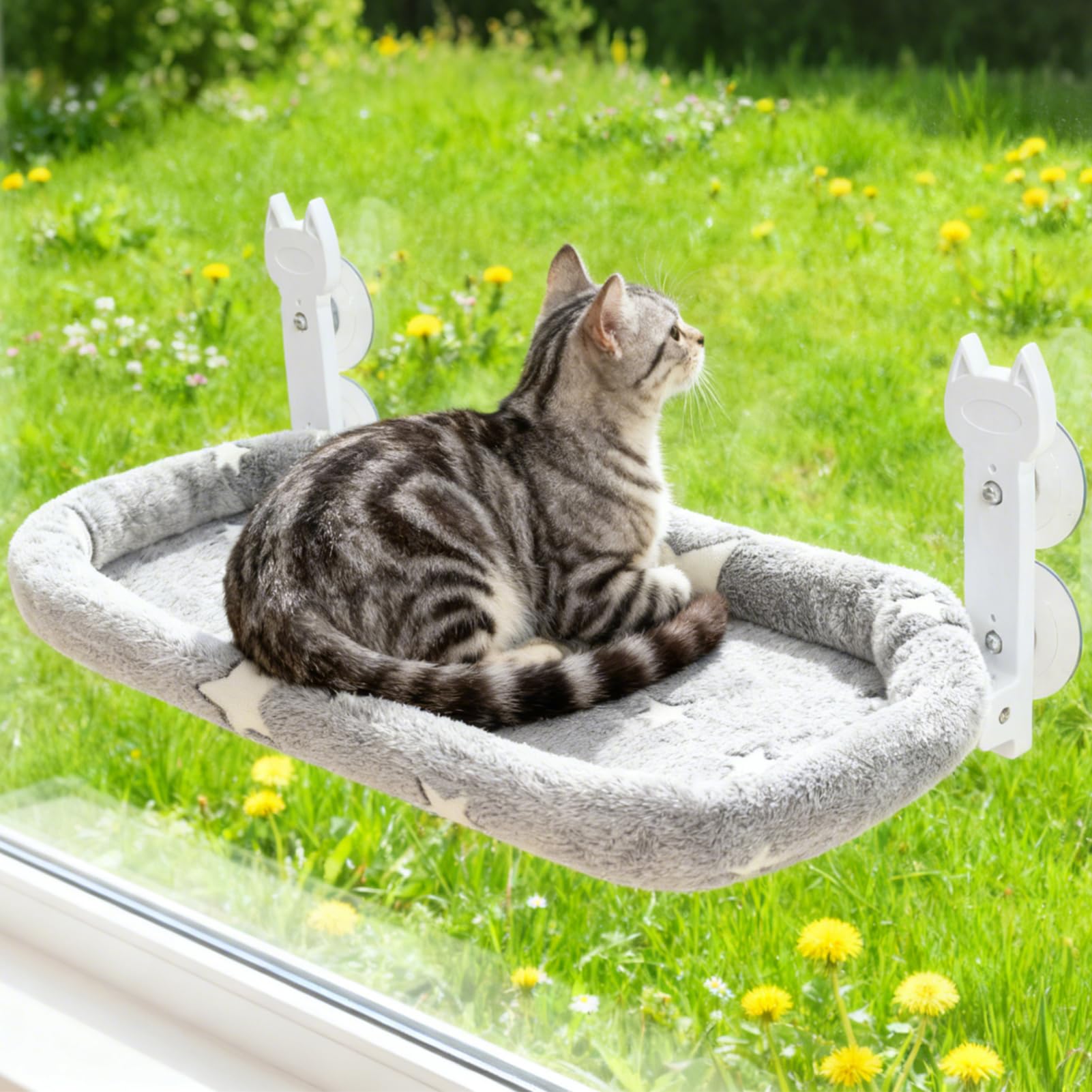 Photo 1 of 1 pc Homimp Cat Window Perch,Cordless Cat Window Hammock for Wall with 4 Strong Suction Cups,Solid Metal Frame and Two Replaceable Covers,Foldable Cats Bed for Large Cats and Kittens,Indoor Pet Seat,Grey L