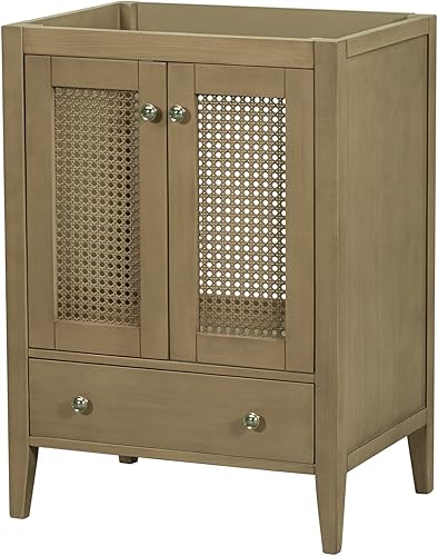 Base de tocador de baño de 24 pulgadas solamente, base de tocador de baño individual con gabinete de puerta de ratán y un cajón, armario de tocador