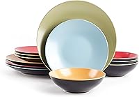Vista 22 de Colors Life - Juego de vajilla de 16 unidades, color negro brillante exterior + interior con acabado mate, color muy baya
