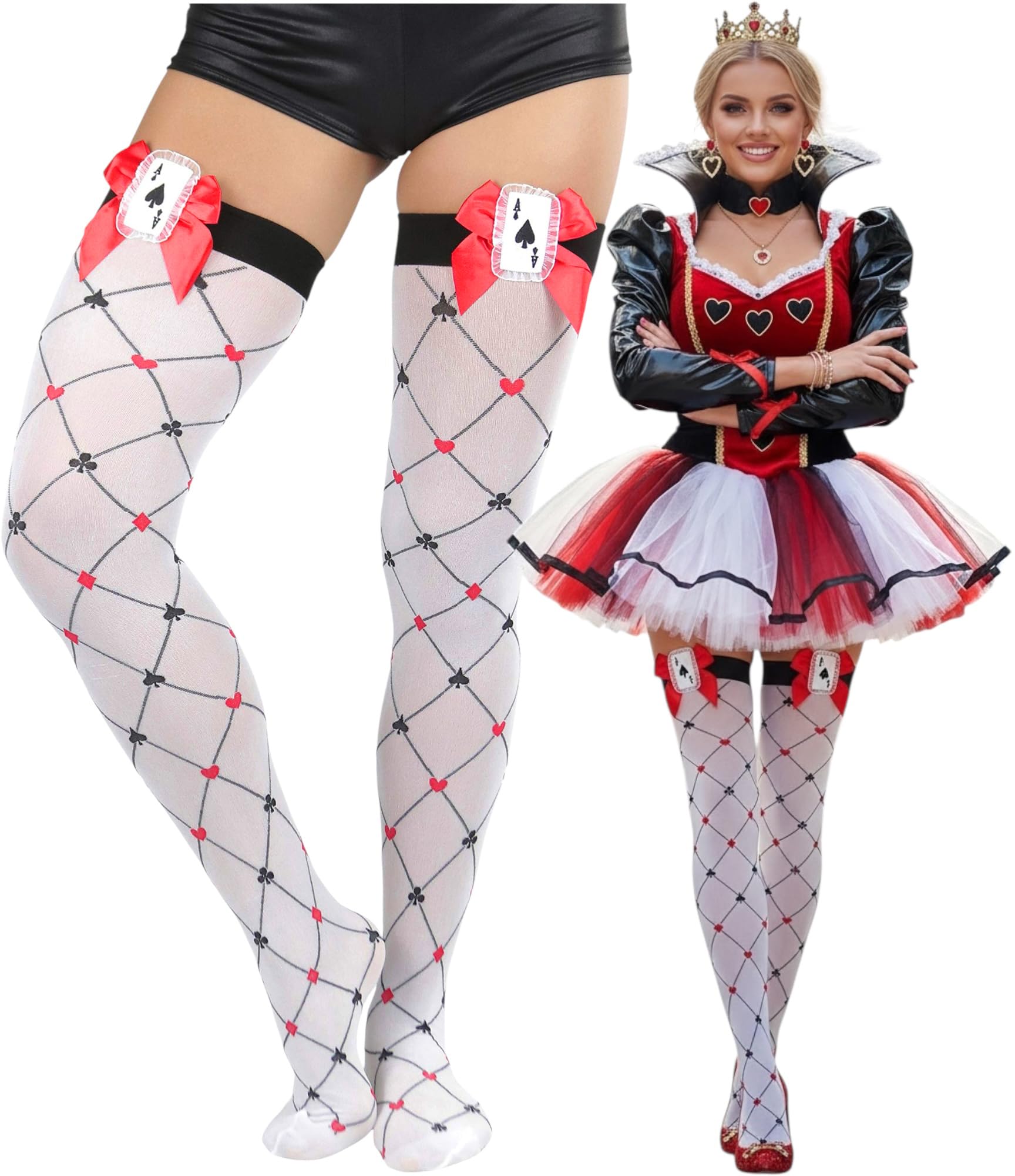 ToBeInStyle Women's Harlequin Jester Thigh High Stockings Playing Card Checkered Opaque Halloween Costume Hosiery