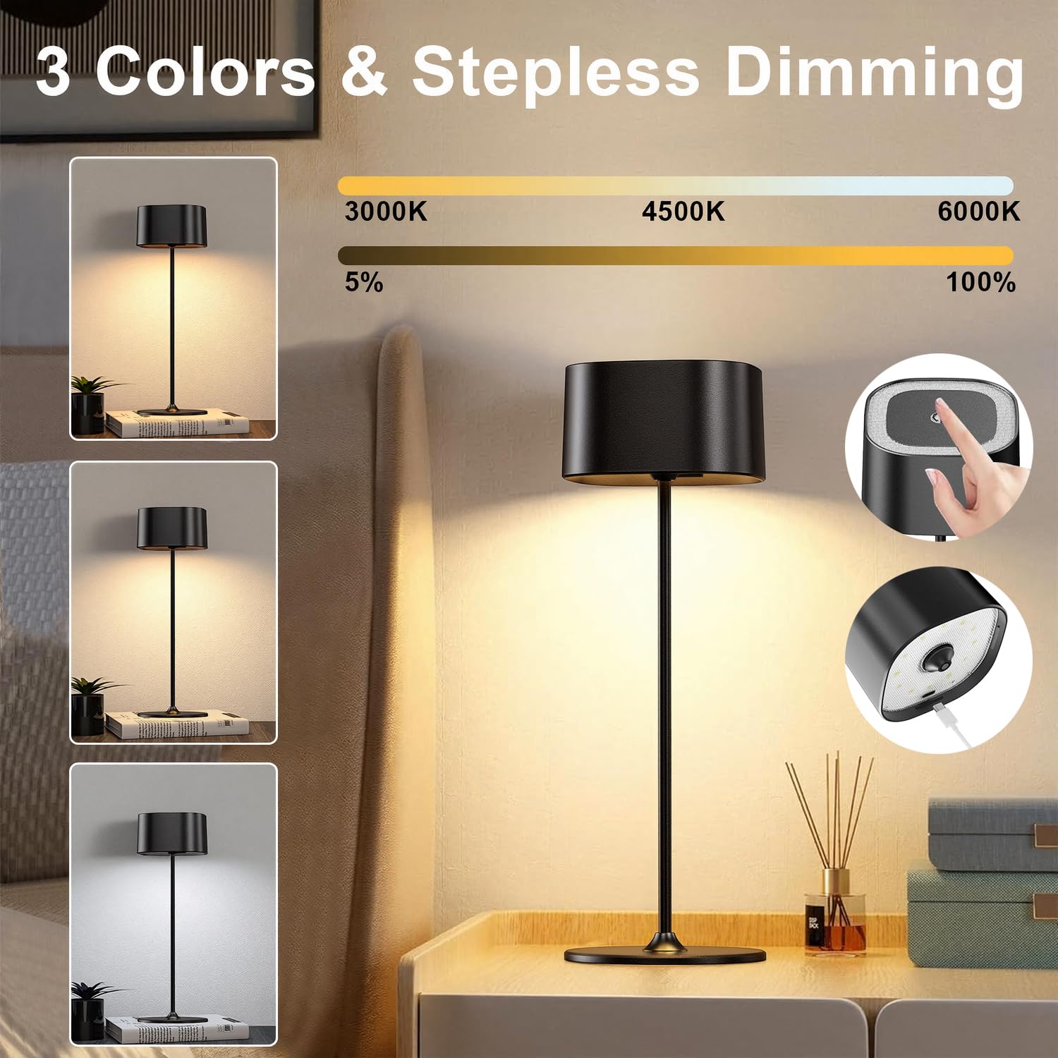 Regulable LED Batería Lámpara de Mesa Inalámbrica, Lámpara de Escritorio Toque con USB-C, Metal LED Recargable Batería Lámpara de Mesa, IP54 Impermeable Aluminio Lámpara de Escritorio, 5W, Negro