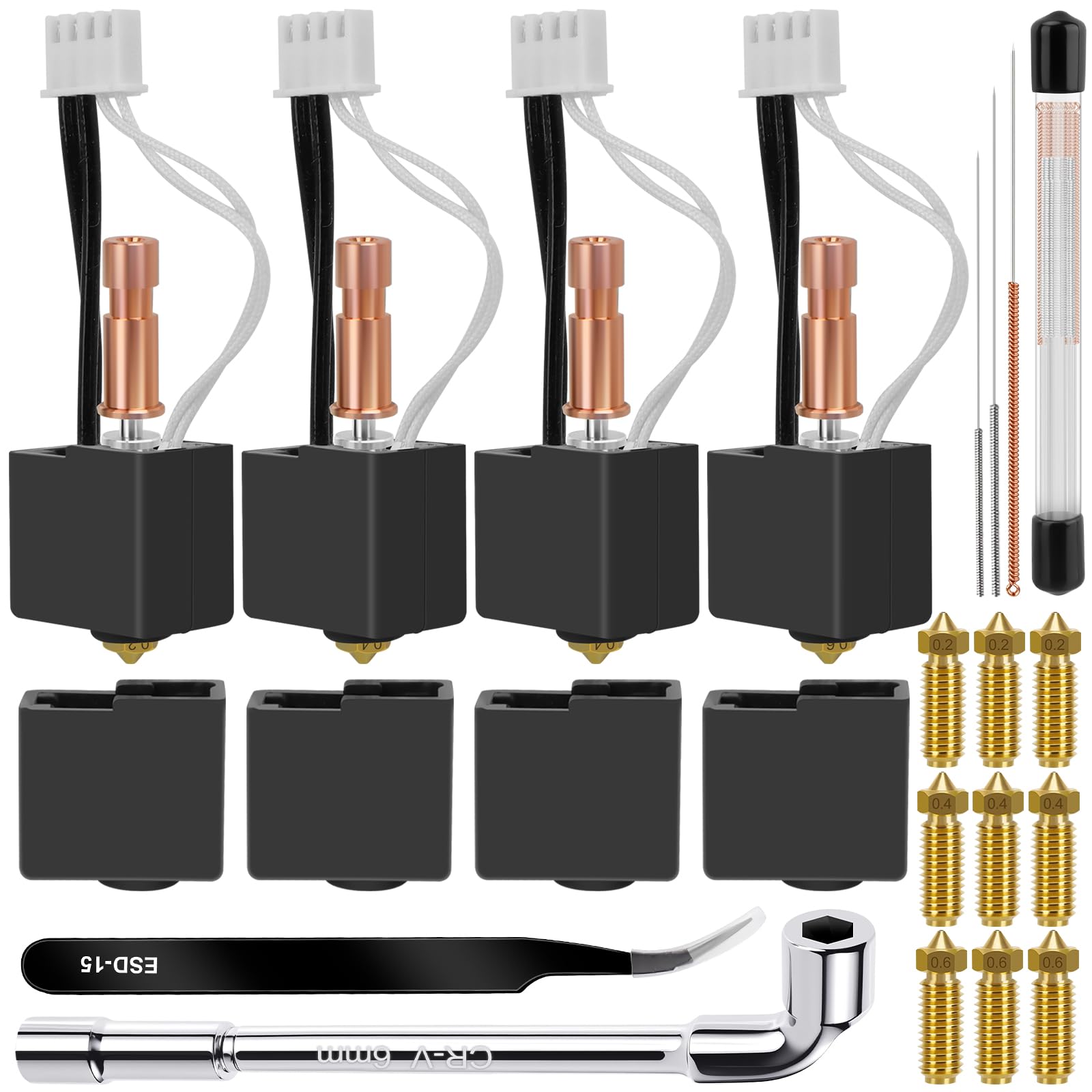 Kobra S1 Hotend Kit de 4 têtes d'impression assemblées avec 9 buses en laiton 0,2/0,4/0,6 mm, 25 aiguilles de nettoyage, 4 couvercles en silicone, clé et pince à épiler, pour Anycubic Kobra S1/Kobra