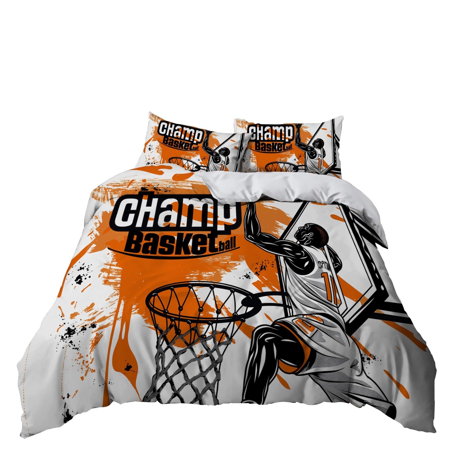 Pomarańczowy i czarny zestaw poszewek na kołdrę w rozmiarze king size, 200 x 200 cm, sportowa koszykówka, mikrofibra premium, miękka, przytulna pościel z poszewkami na poduszki, łatwa pielęgnacja,