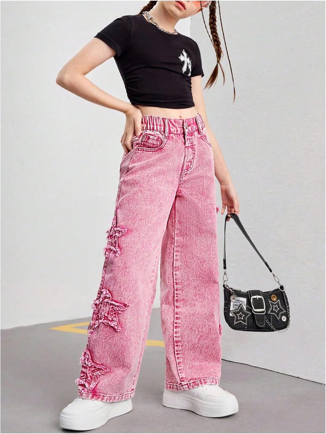 Floerns Girl's Ripped Star Y2k Denim Pants Elastic Waist Straight Leg Street Jeans