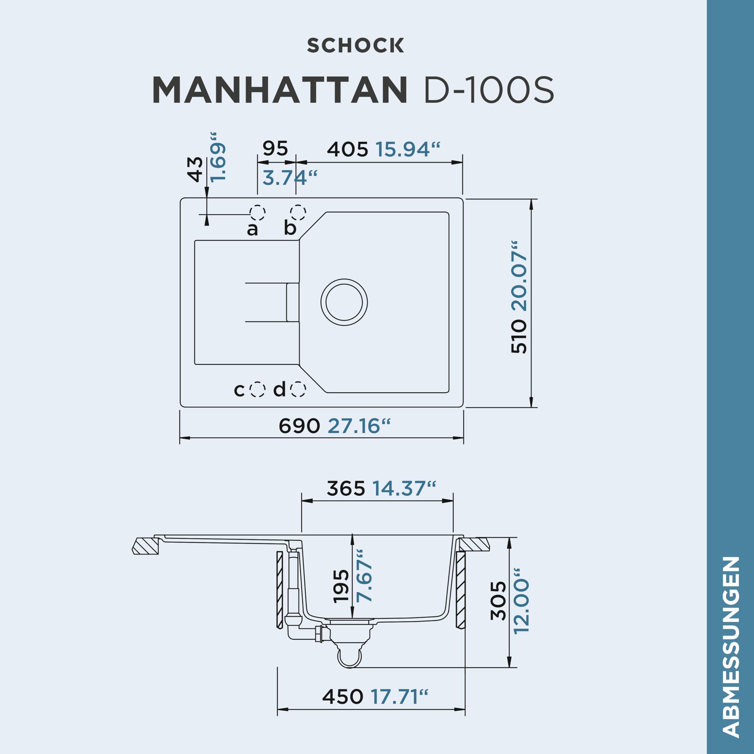 SCHOCK Küchenspüle Manhattan D-100S in Onyx I Granitspüle mit Abtropffläche I Einbauspüle für 45 cm Unterschrank I kratzfeste Cristalite Spüle I pflegeleichte Design Spüle mit Excenterbedienung