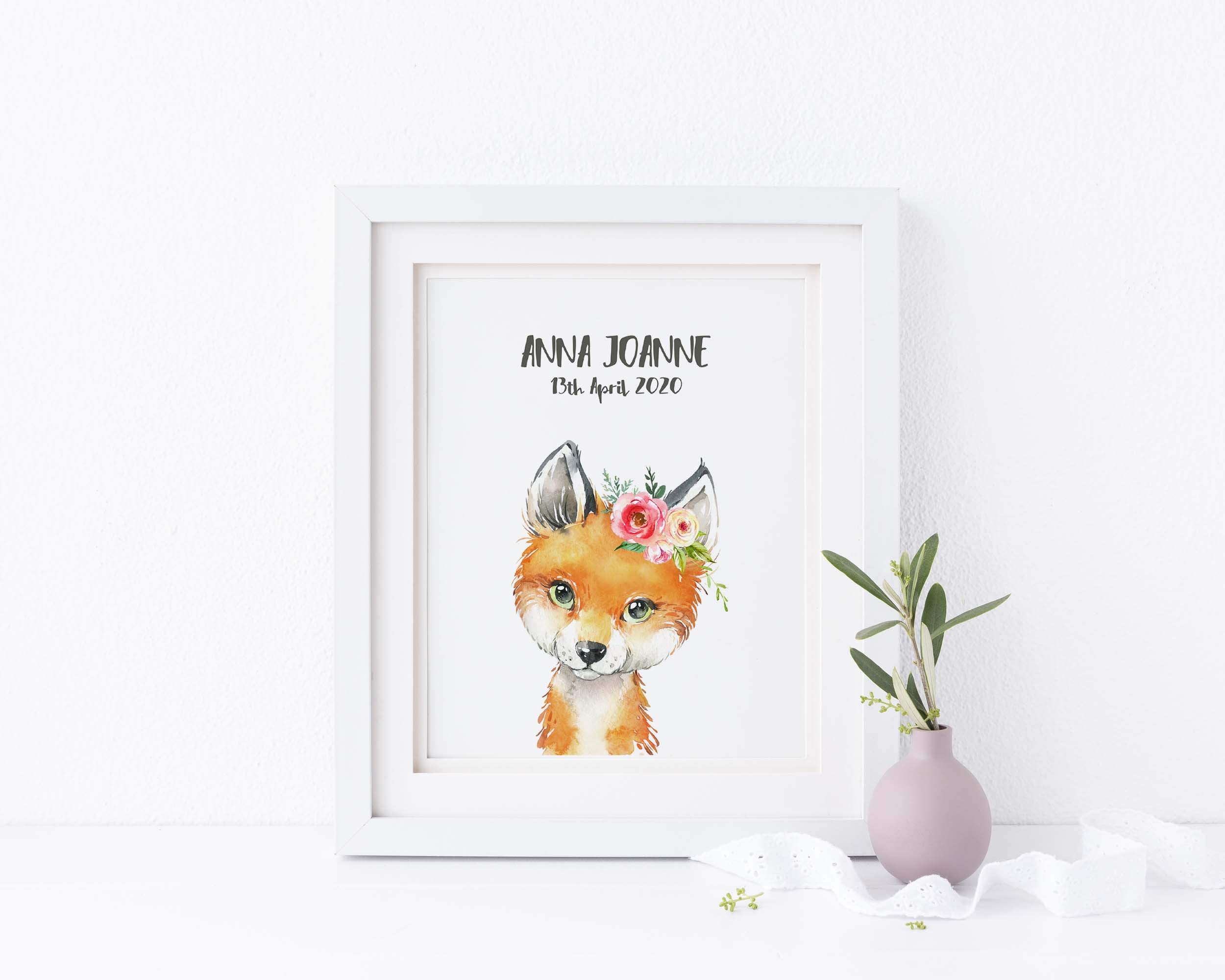 Fox Nursery Print Personalised, Woodland Animal Nursery Pictures, Kids Room Custom Name Wall Art A4