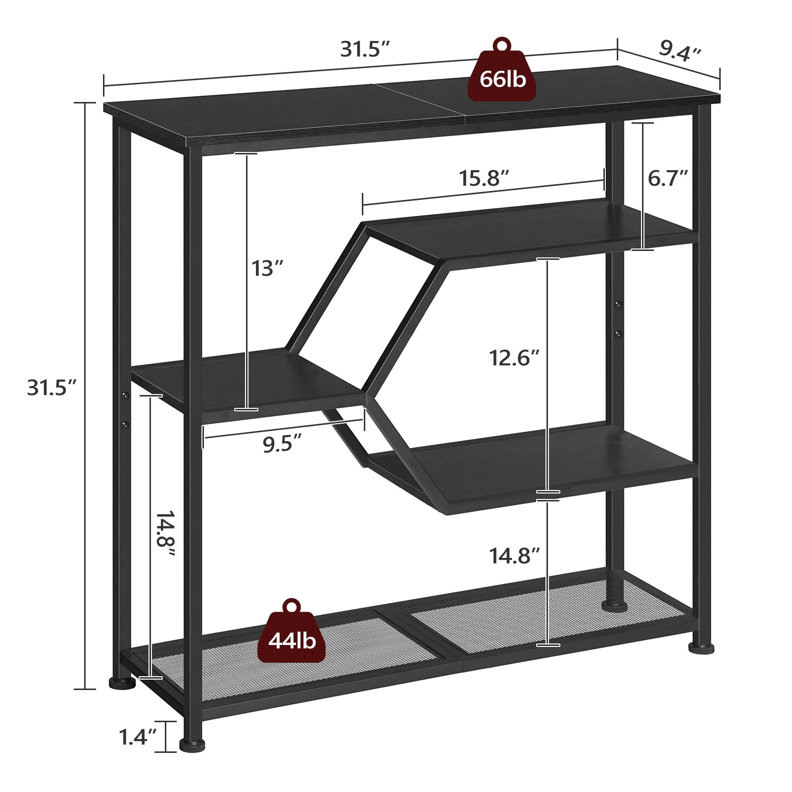 MAHANCRIS 5-laags Consoletafel, smalle Haltafel in Industriële Stijl, 80 cm Salontafel, Bijzettafel, Metalen Frame, voor Woonkamer, Hal, Gang, Zwart ACTHB13101