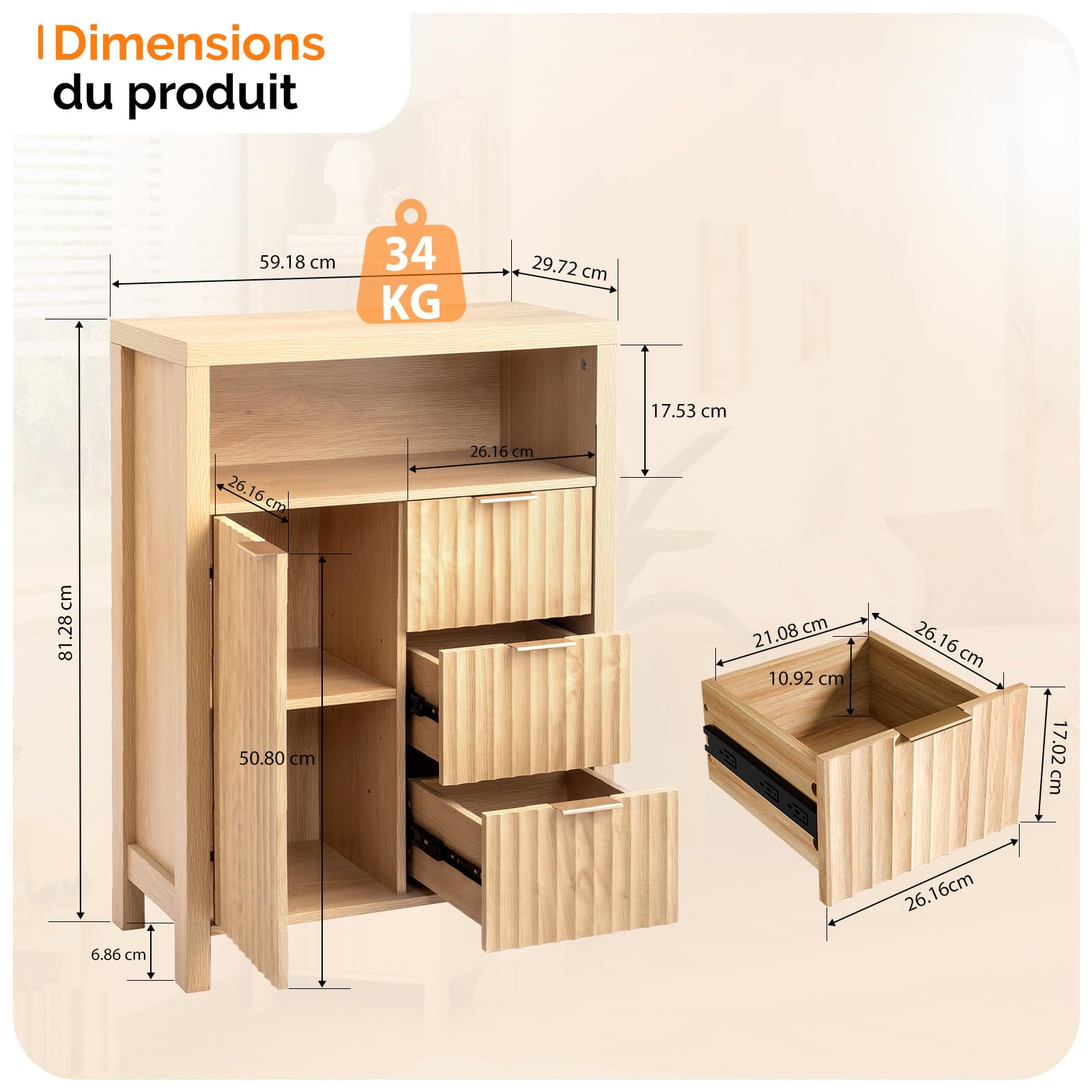 Bonnlo Meuble de Rangement, Armoire de Rangement en Bois avec 1 Compartiment Ouvert, Meuble sur Pied avec 4 Tiroirs, Commode pour Cuisine, Entrée, Salle de Bain, Chêne, 59 x 30 x 81 cm