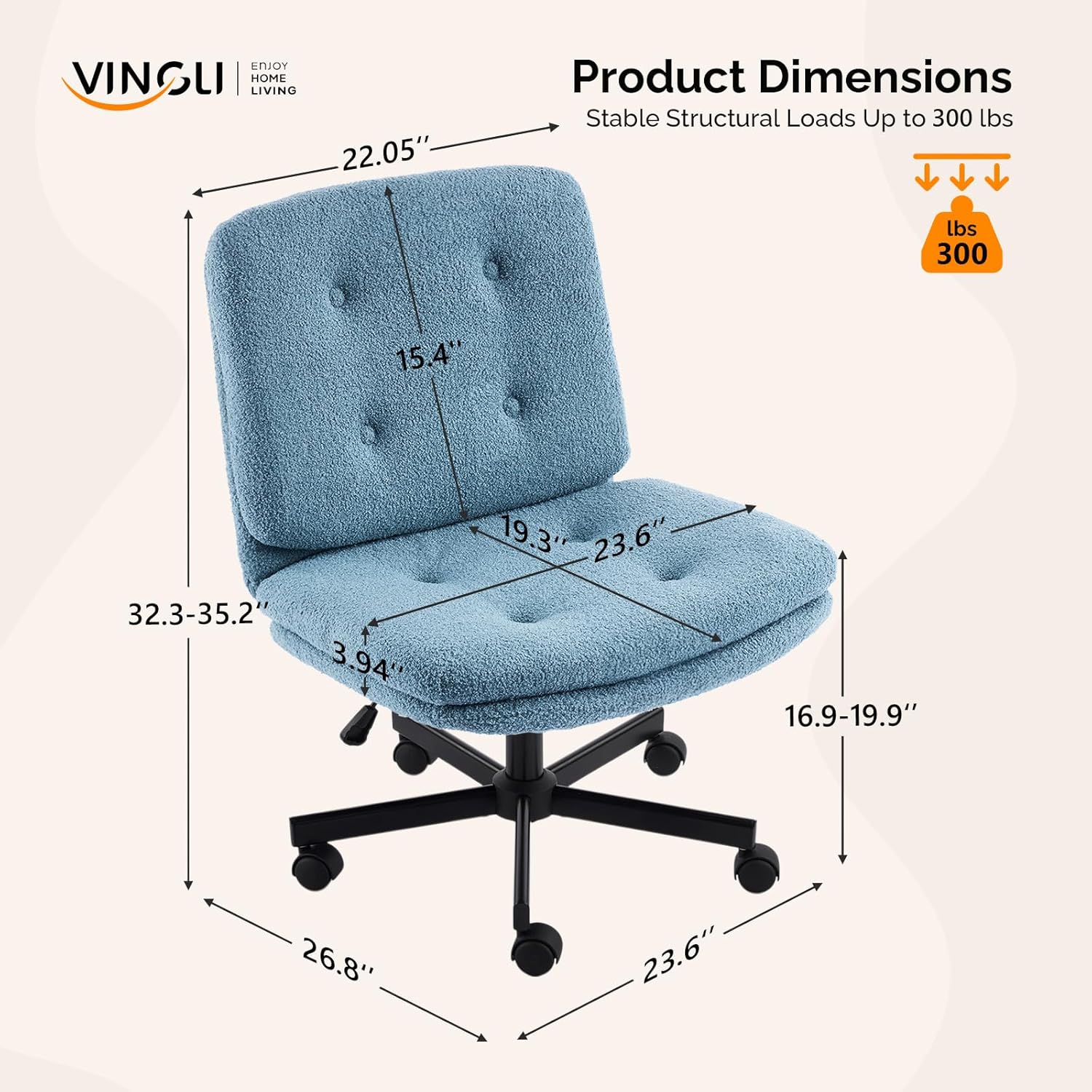 Diagram showing the dimensions of the VINGLI Criss Cross Chair.