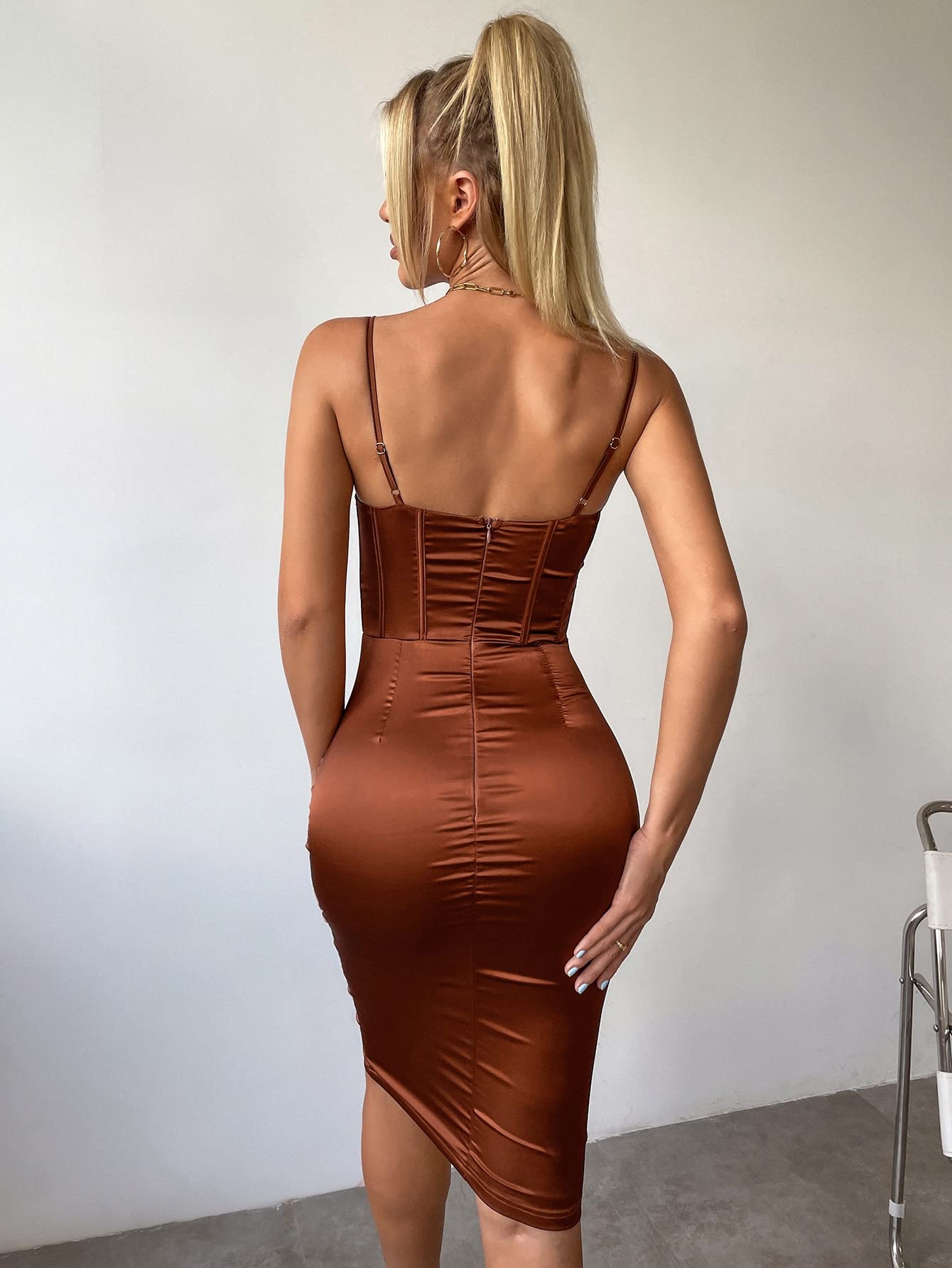 coffee brown satin dress Zapaka Women Coffee Long Bridesmaid Dress Bateau Neck Sheath Satin Wedding Guest Dress, Coffee / US8