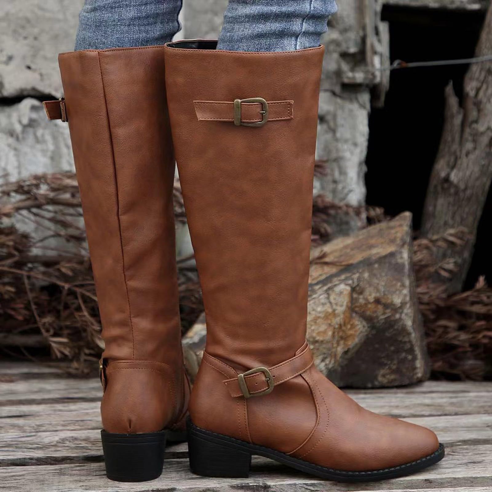 Botas de Invierno Mujer Botas Altas hasta la Rodilla de Moda con Hebilla Decorativa y Cremallera Lateral. Diseño Elegante y Estilo inglés para un Look Moderno.