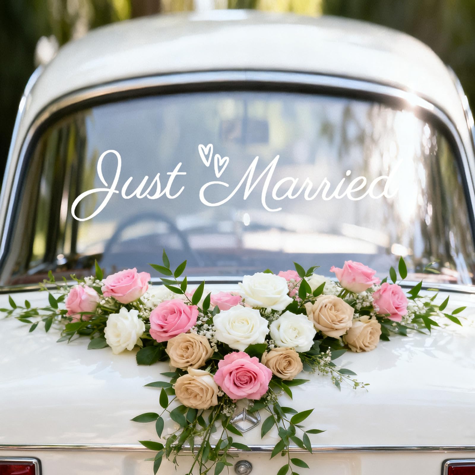Just Married Adesivo Auto, Vinyl PVC Bianco Adesivo Paraurti Matrimonio Eleganti Decorazioni Auto Matrimonio per Veicolo Sposa & Sposo
