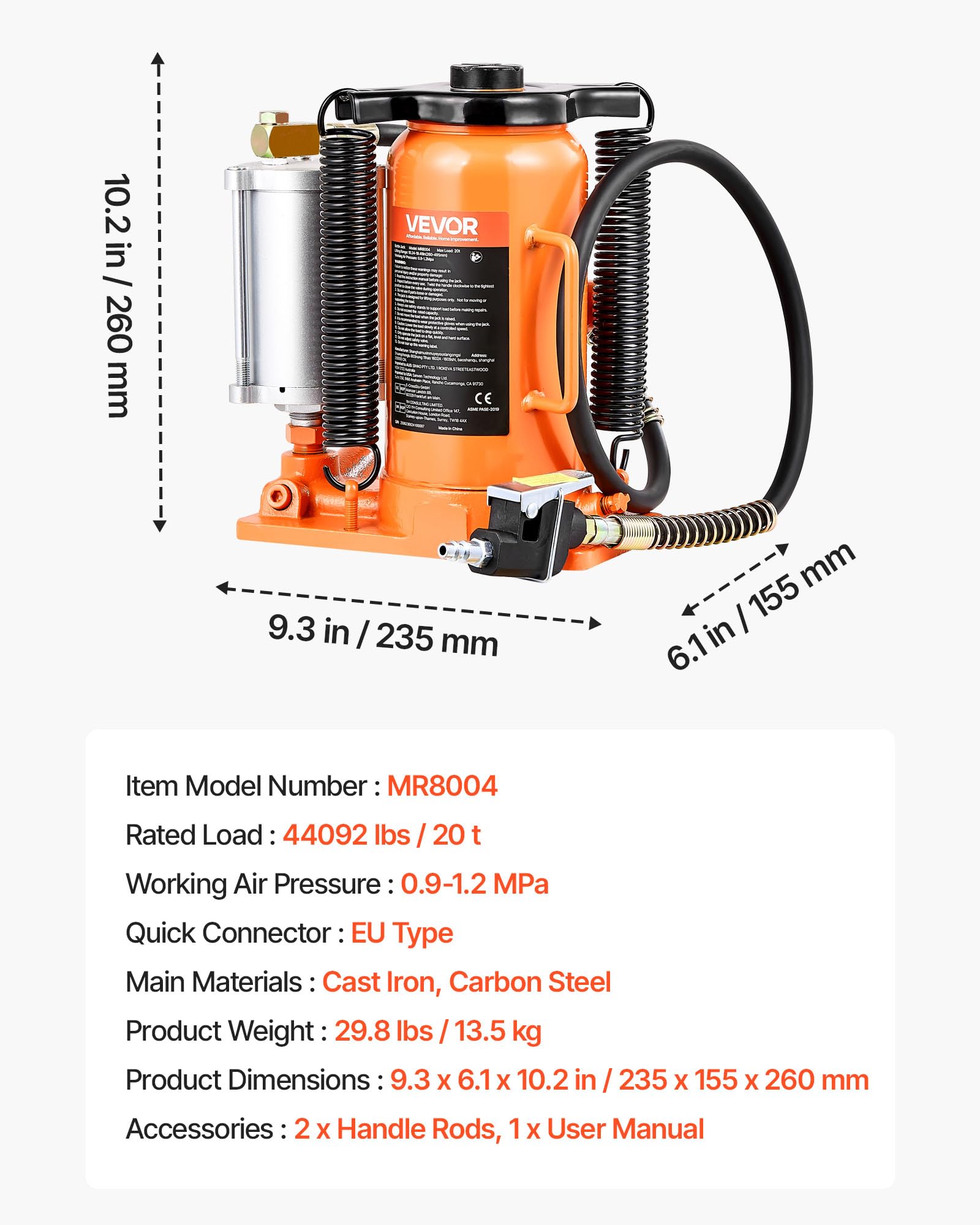 VEVOR Sollevatore a Bastone da Pavimento Capacità 20 t, Intervallo di Sollevamento 260-495 mm, Cric a Bottiglia Saldato per Impieghi Gravosi Pneumatico o Manuale con Pompa per SUV, Camion, Camper