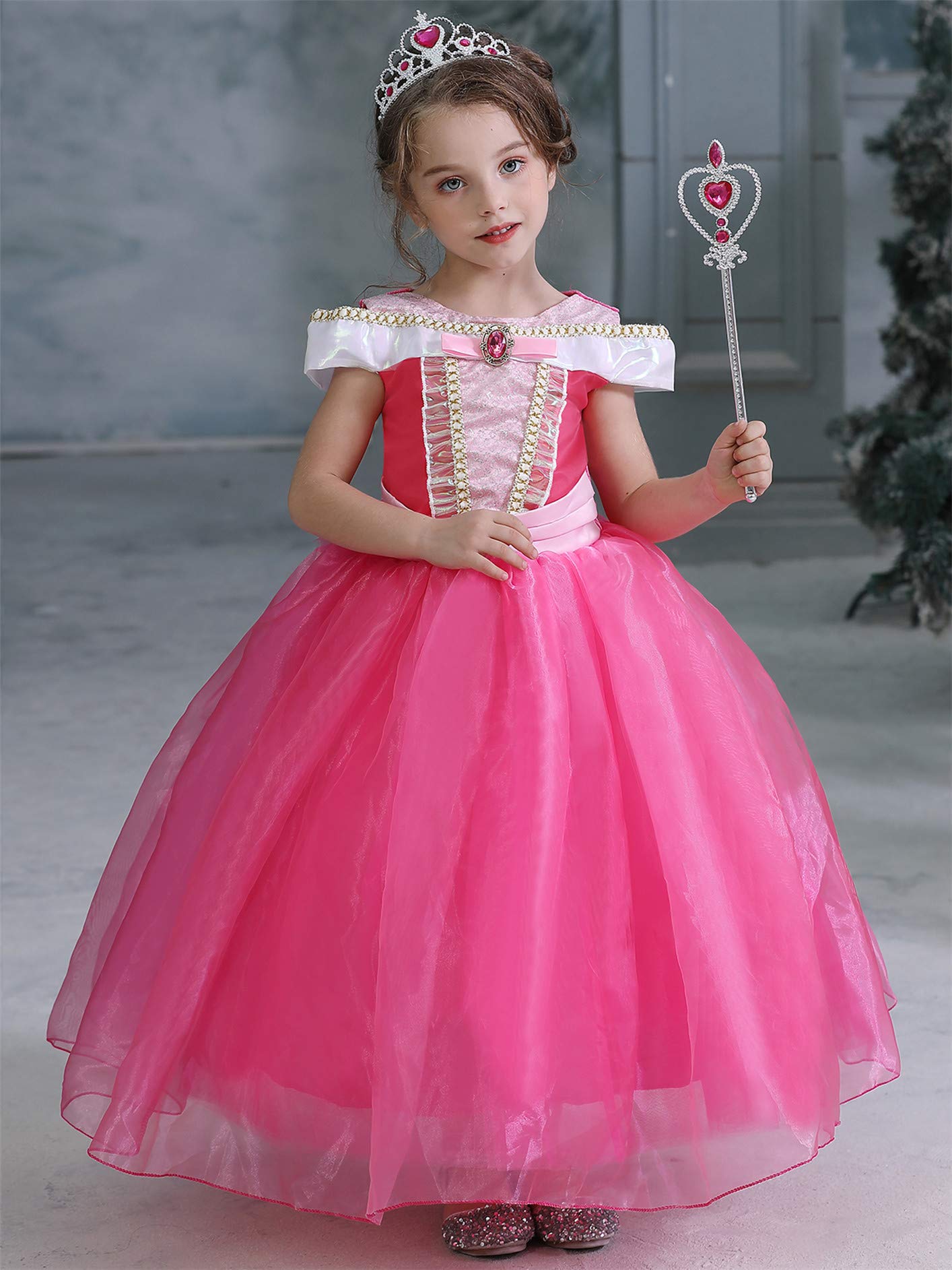 New front Bambino Travestimento La Bella Addormentata Ragazza Abiti Principessa Aurora Costumi Natale Diadema Bacchetta Vestito Carnevale Regalo di Compleanno Halloween