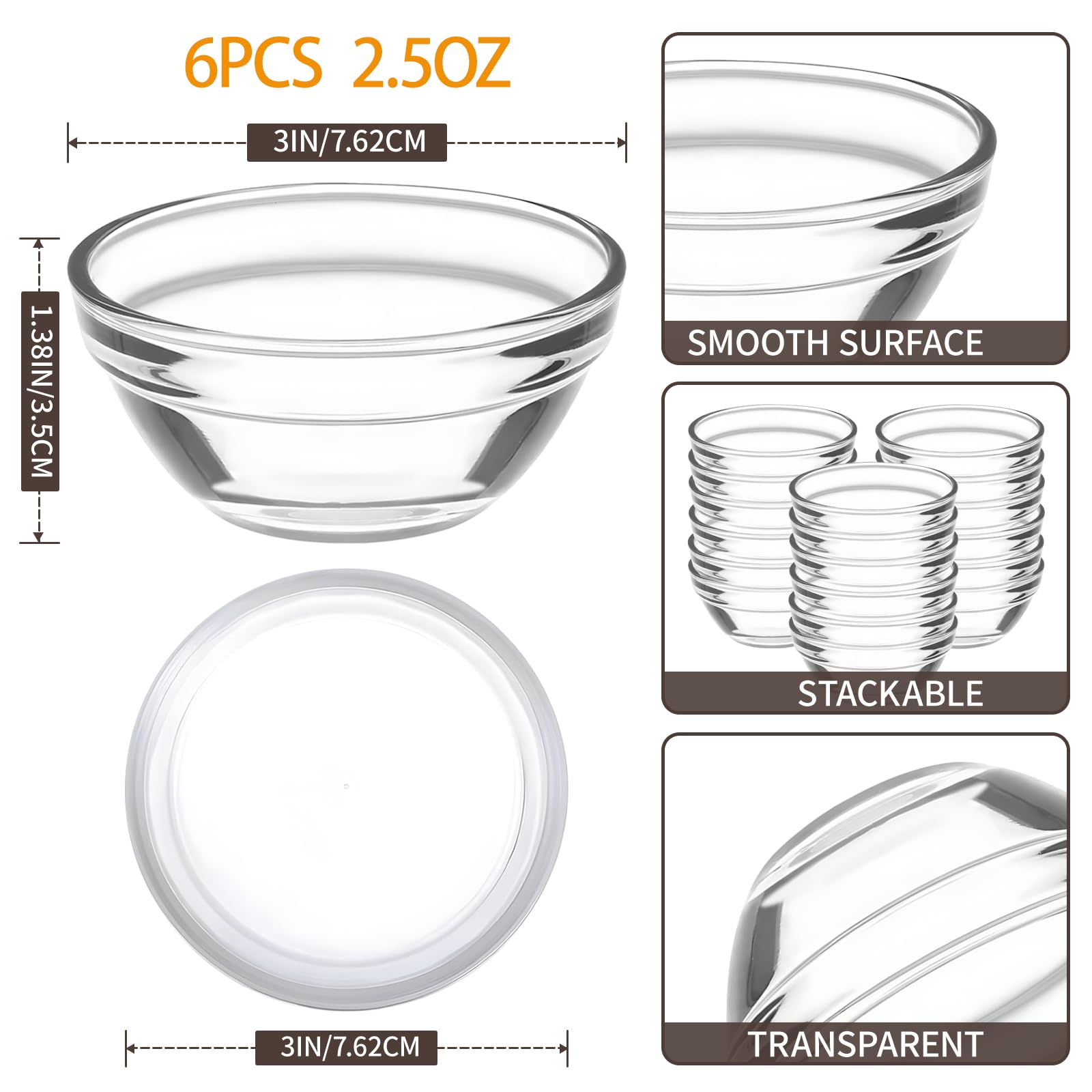 6 Pack Mini 3 Inch Small Glass Bowls with 6 Pack Lids, 2.5 oz Clear Glass Pinch Bowls, Condiment Containers, for Dips, Nuts, Candy, Snacks, Meal Prep Bowls 1