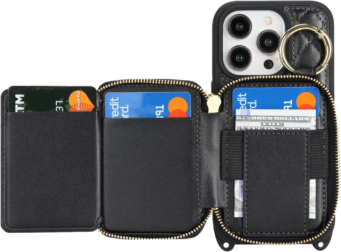 Crossbody Wallet Case for iPhone 15 Pro, PU Leather Zipper Handbag Purse Flip Cover, Kickstand Folio Case with Card Slots Holder Wrist Strap Lanyard 5G 6.1 Inch-Black