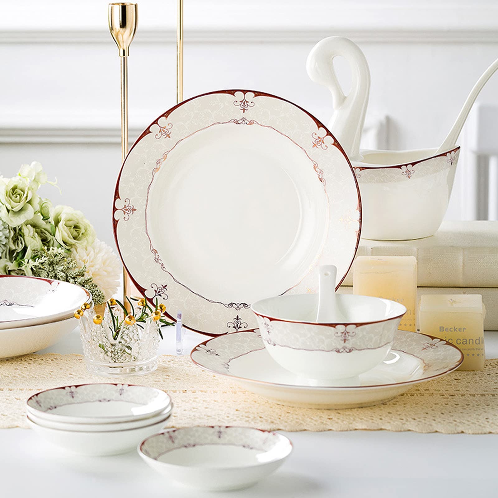 Ensemble de Couverts en Porcelaine Blanche et Bordure dorée avec Assiettes à dîner, Assiettes à Dessert, Assiettes à Soupe et soucoupes pour Cadeaux, Mariage, hôtel, 60 pièces