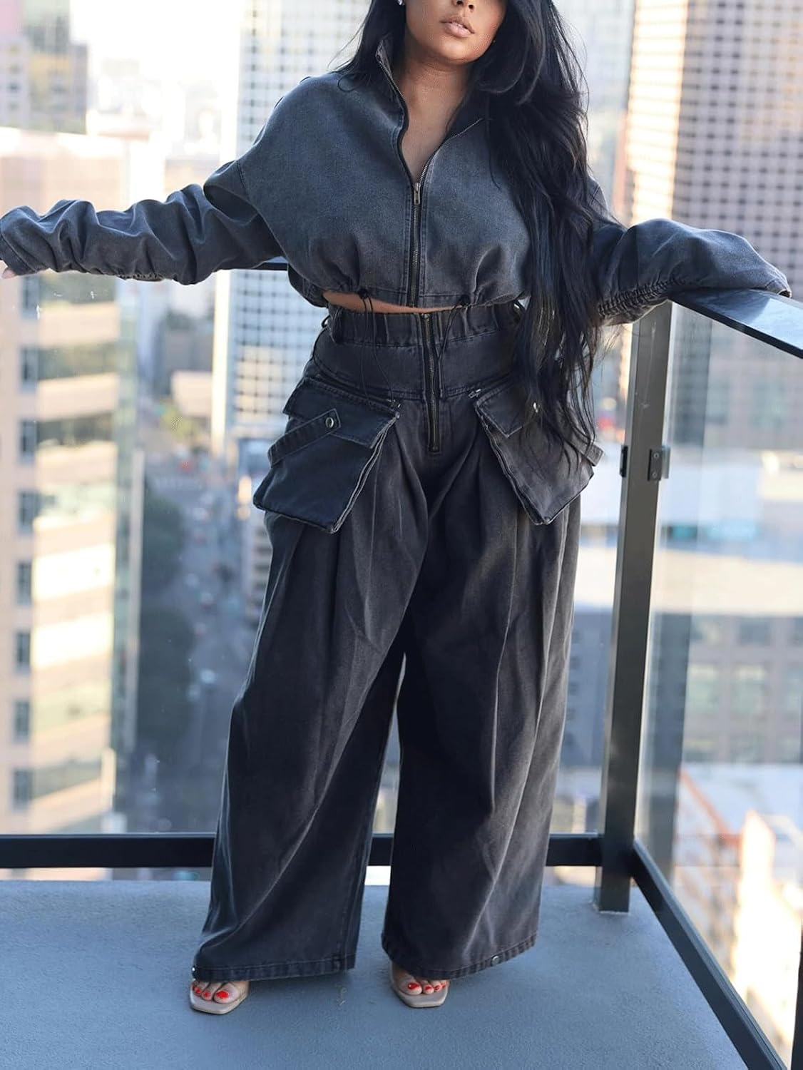 KANSOON Women Denim Set Jean 2 Piece Outfit Cargo Zip Long Sleeve Crop Jacket Wide Leg Pant Drawstring Loose Fit - Image 5