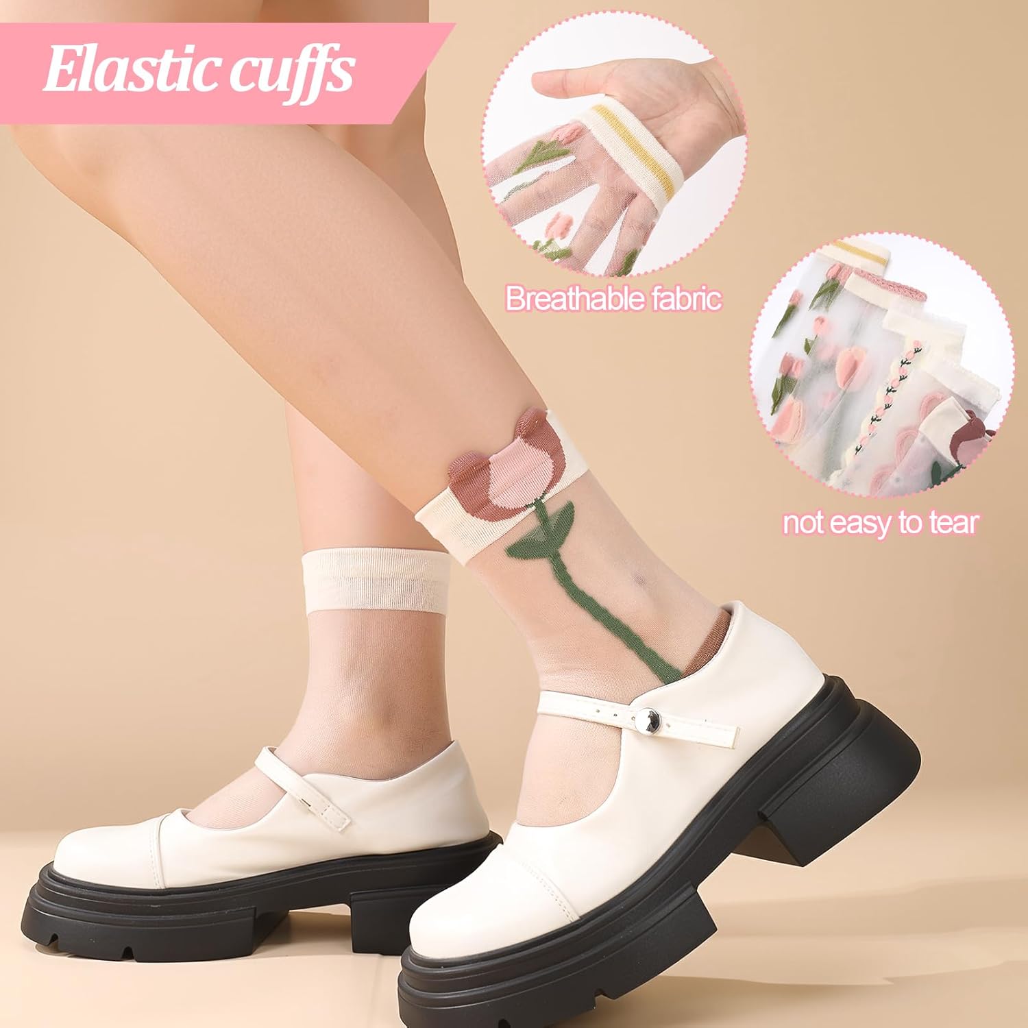 Jspupifip 5 Pairs Tulip Flowers Sheer Mesh Socks,Floral Thin Socks for Women Girl Gifts - Image 2
