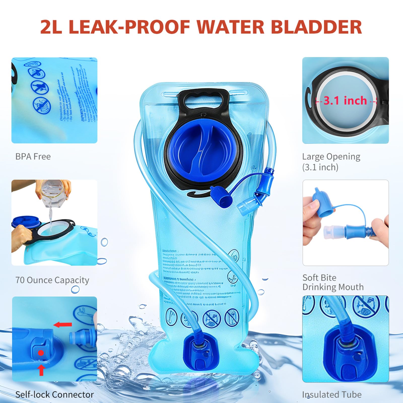 Sac à dos d'hydratation isotherme avec poche d'hydratation de 2 L, sac à dos de randonnée pour homme, femme, enfant, sac à dos d'eau pour randonnée, course à pied, cyclisme, camping