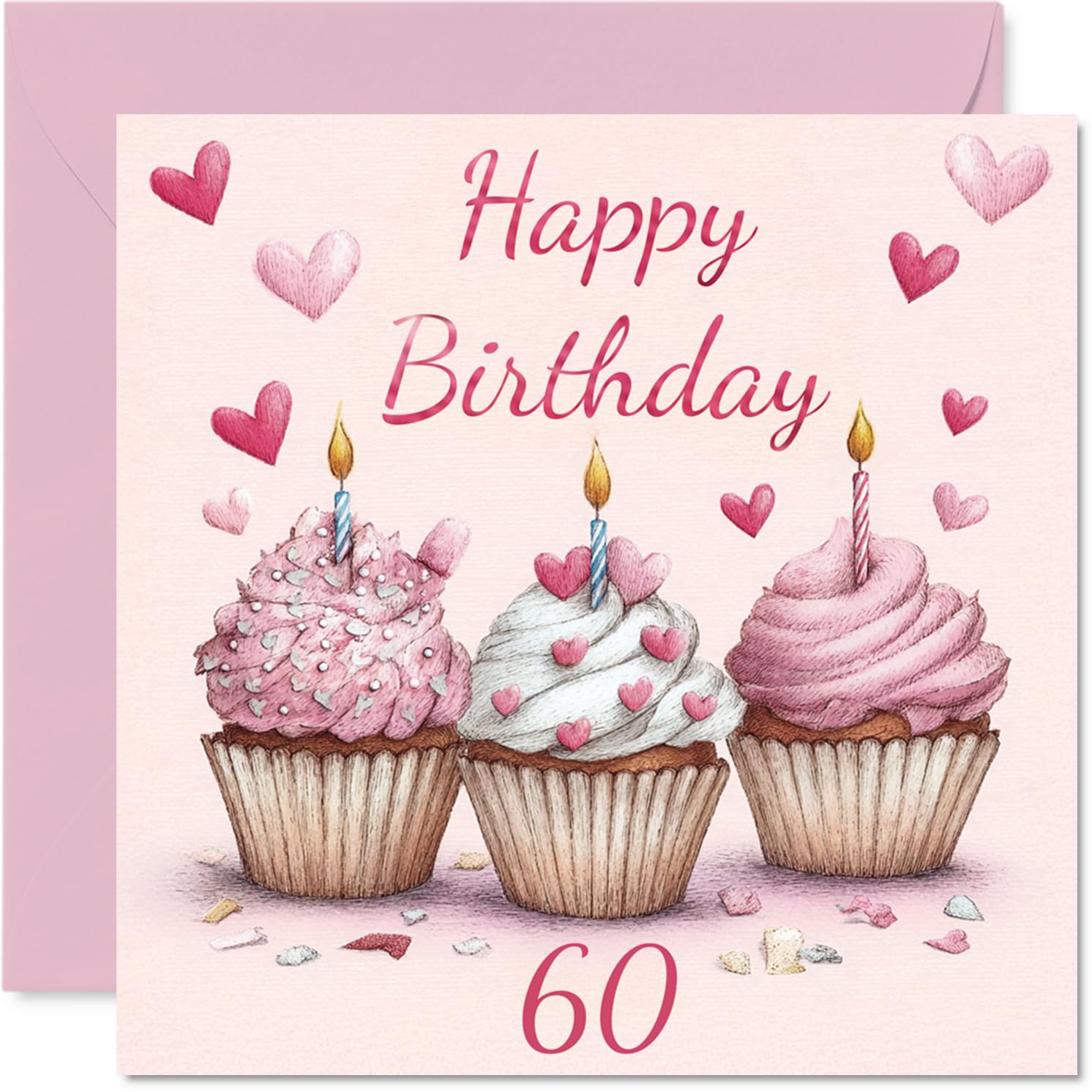 60th Birthday Cards for Men Women - Pink Cupcakes - Happy Birthday Card for 60 Year Old Man Woman Nan Nanny Grandma Dad, 145mm Bday Greeting Cards