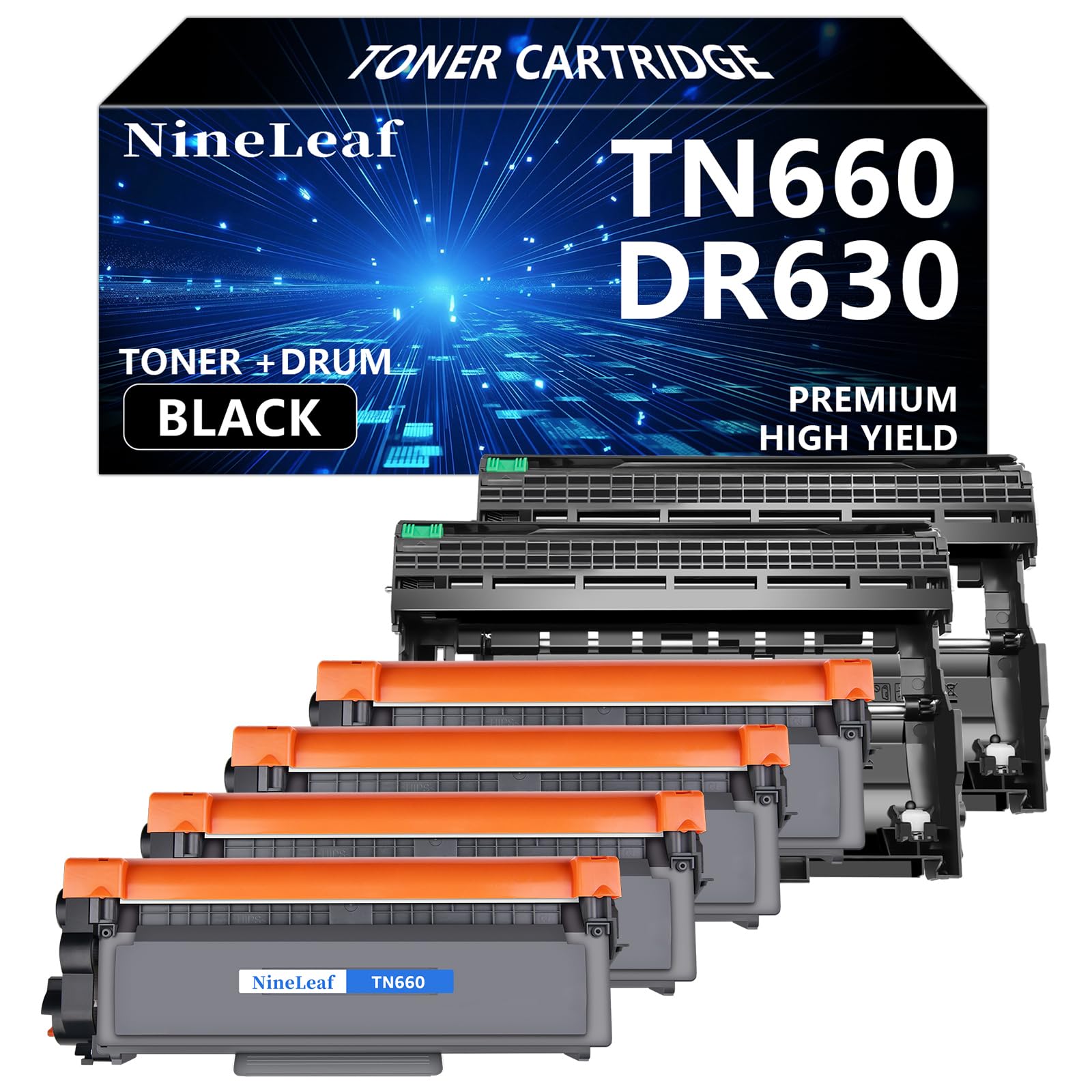 NineLeaf 6 Pack Combo TN630 TN-660 TN660 Toner Cartridge DR630 DR-630 Drum Unit Compatible for Brother HL-L2380DW MFC-L2740DW DCP-L2540DW Printer (4